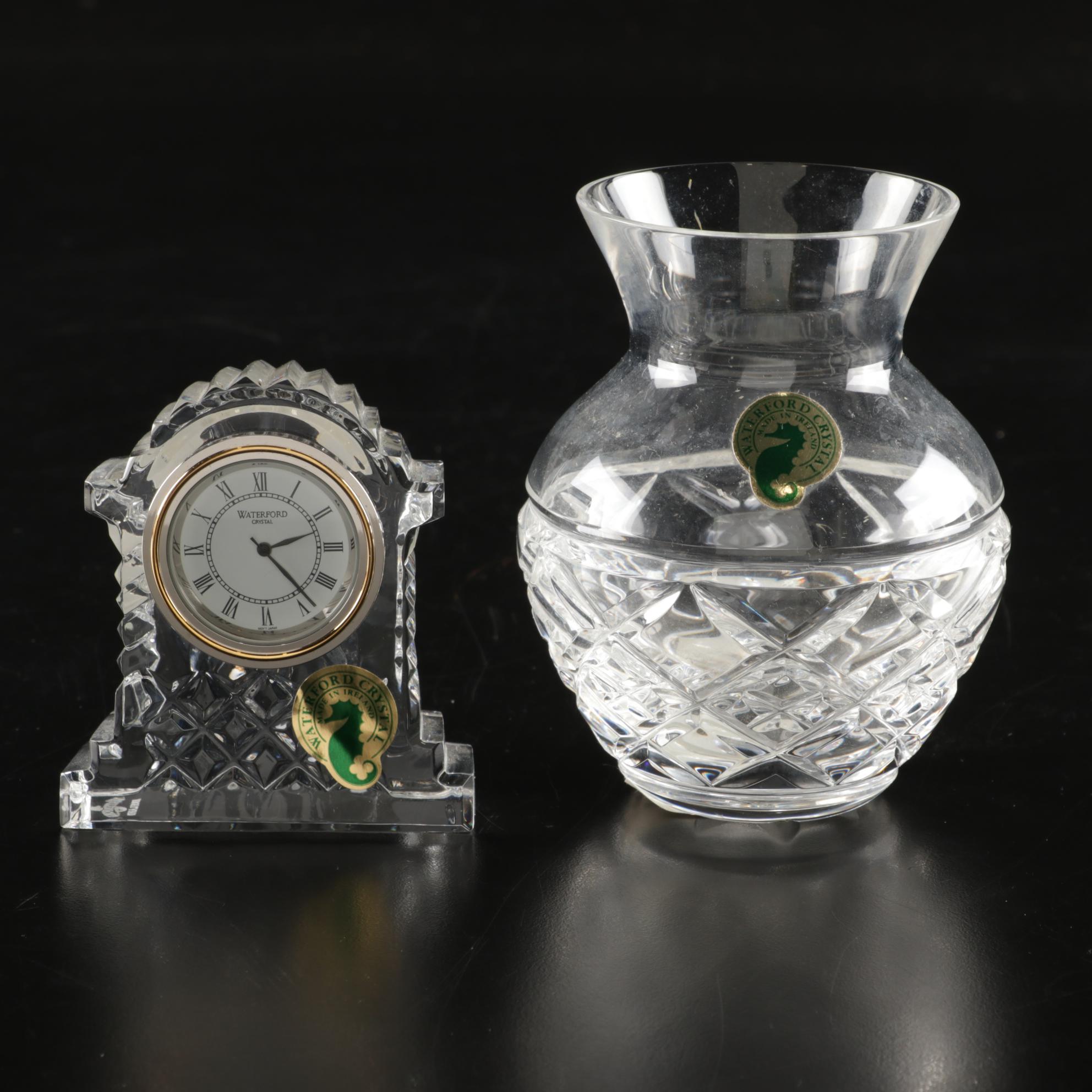 Waterford Crystal Violet Vase and Small Carriage Clock In Boxes With Retail Tags