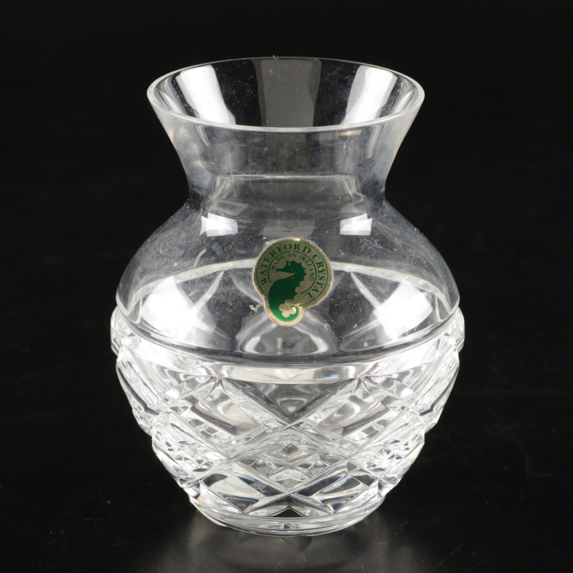 Waterford Crystal Violet Vase and Small Carriage Clock In Boxes With Retail Tags