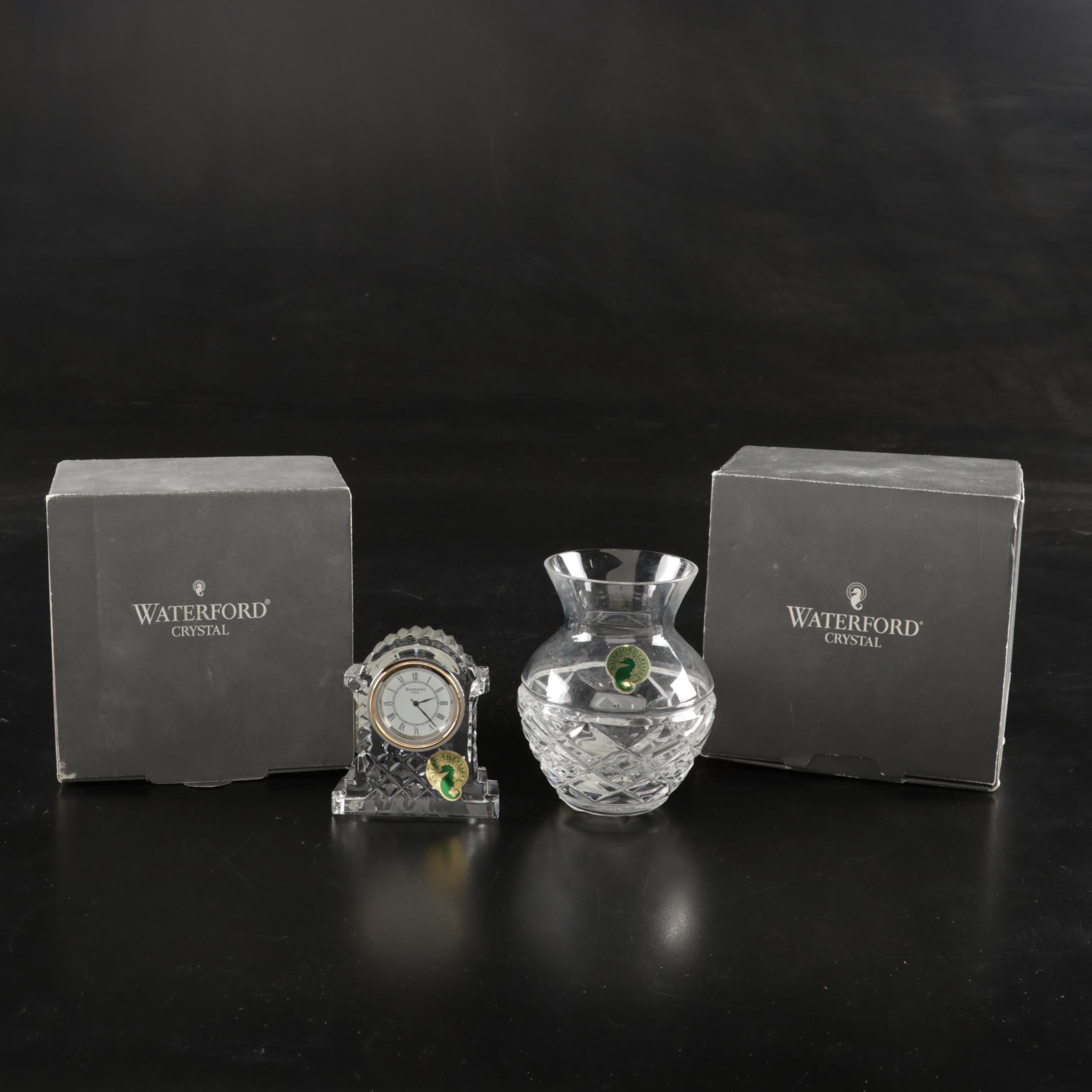 Waterford Crystal Violet Vase and Small Carriage Clock In Boxes With Retail Tags