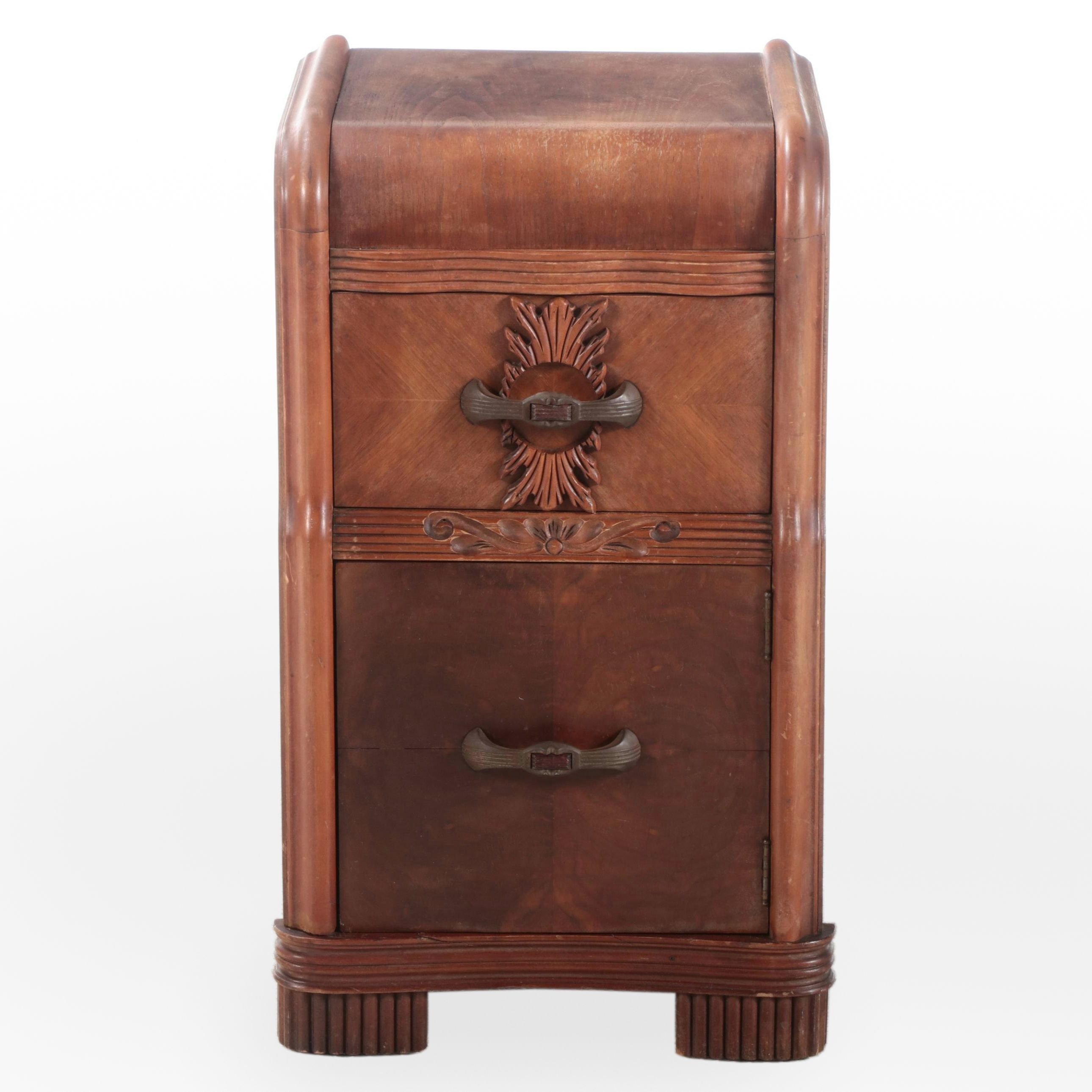 Art Deco Walnut and Mixed Woods "Waterfall" Bedside Table, Early to Mid-20th C.