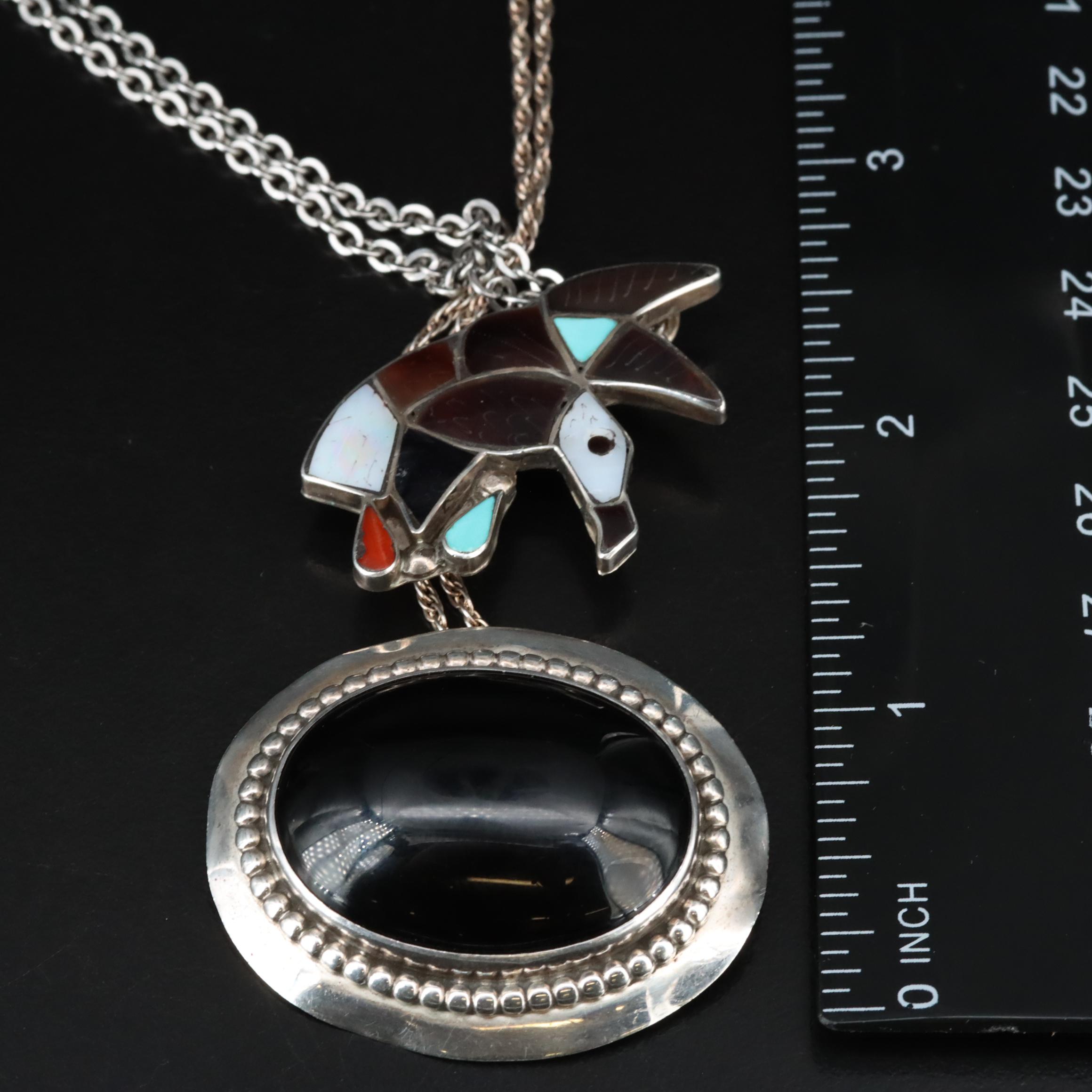 Southwestern Converter Brooch Necklaces Including Black Onyx and Mother-Of-Pearl