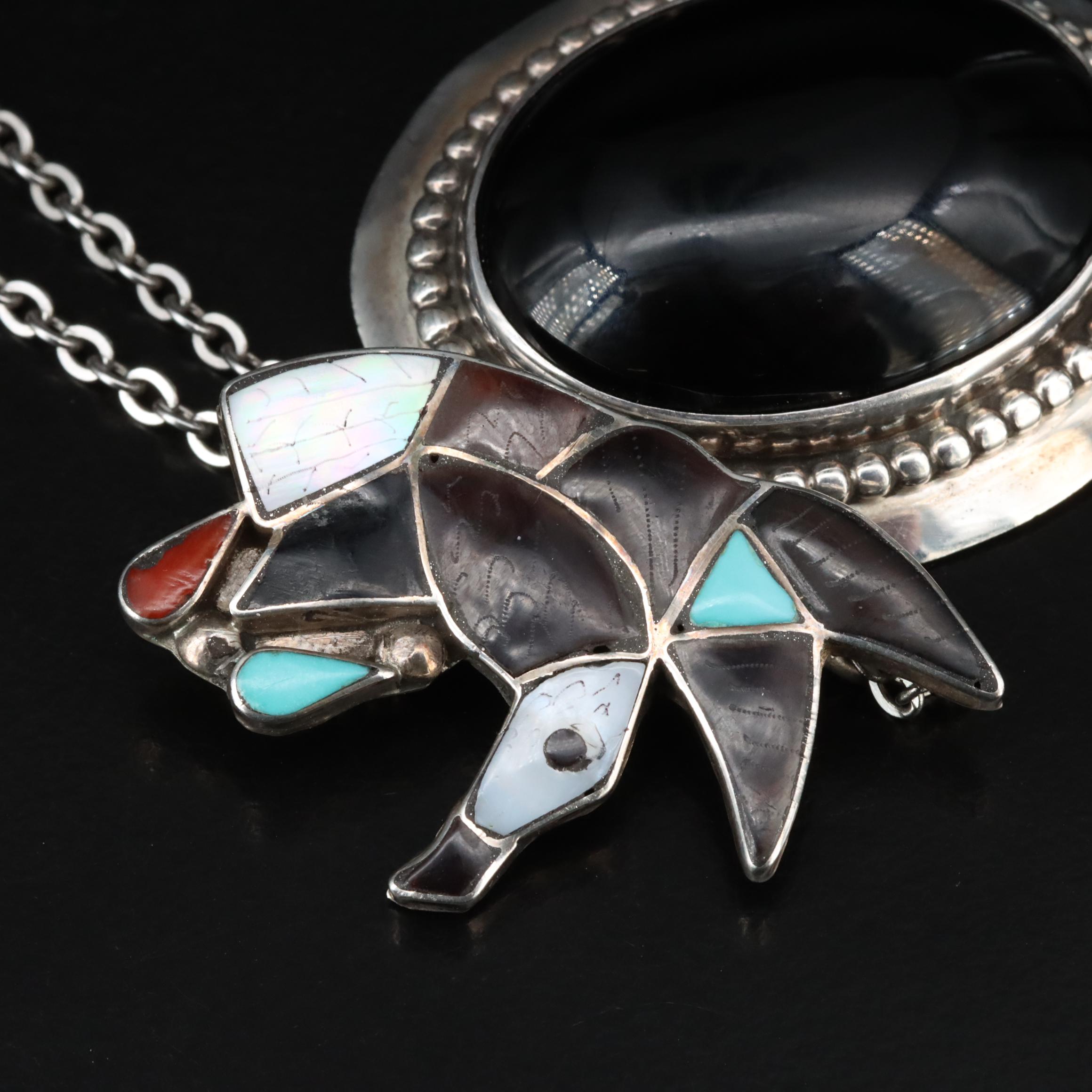 Southwestern Converter Brooch Necklaces Including Black Onyx and Mother-Of-Pearl