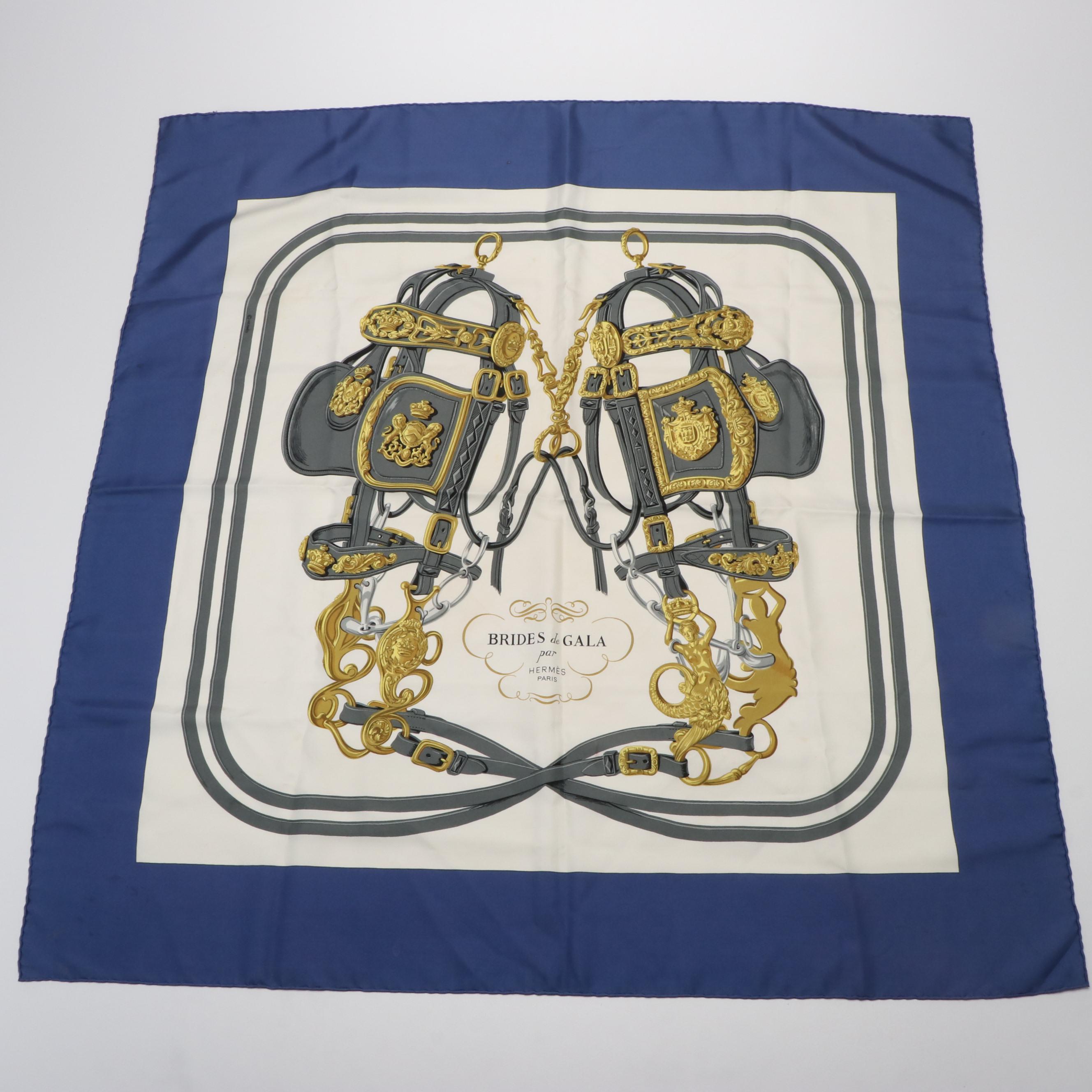 Hermès "Brides de Gala" Blue, Gold and White Silk Scarf