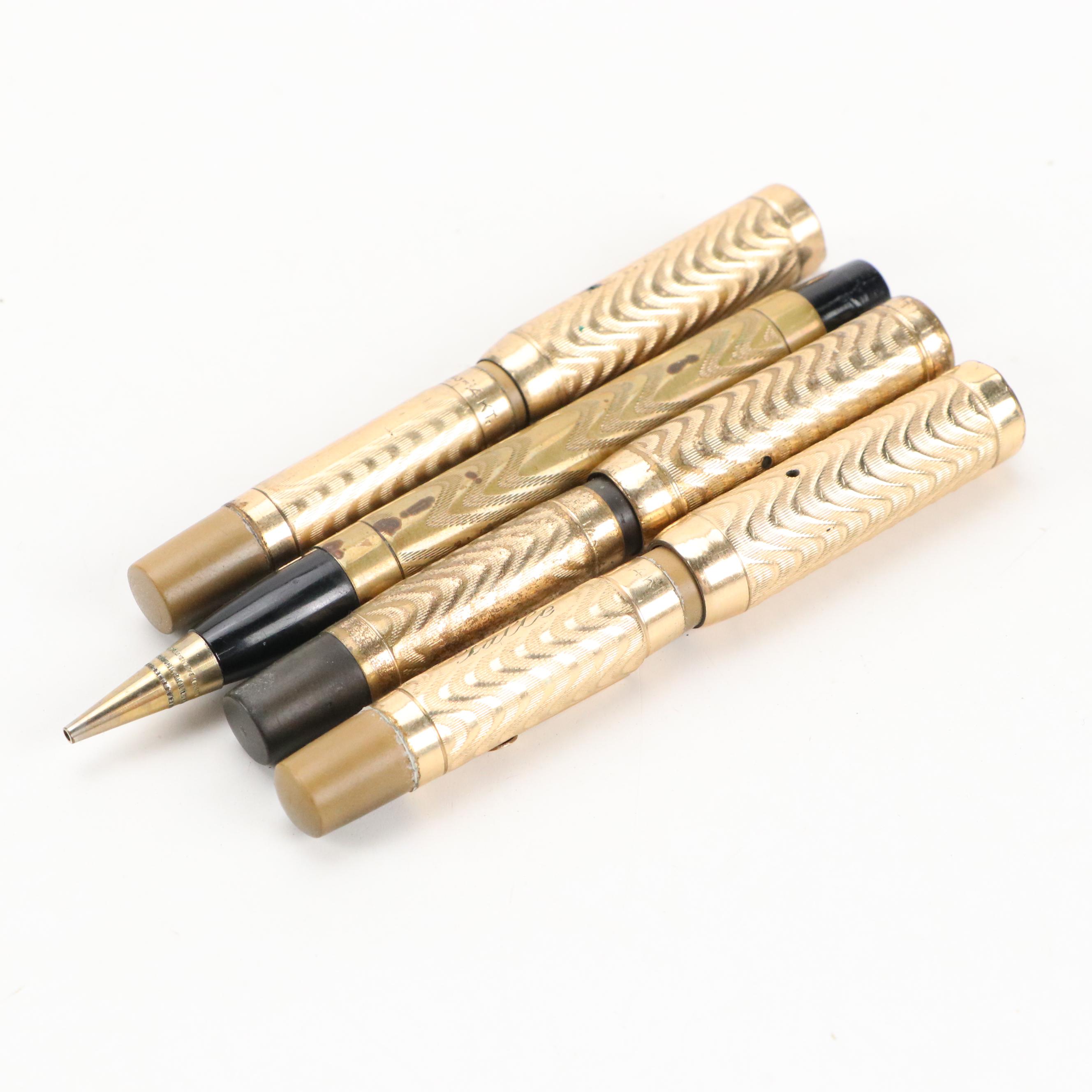 Morrison Ring-Top Filigree Gold-Overlay Fountain Pens and Pencil, Early 20th C.