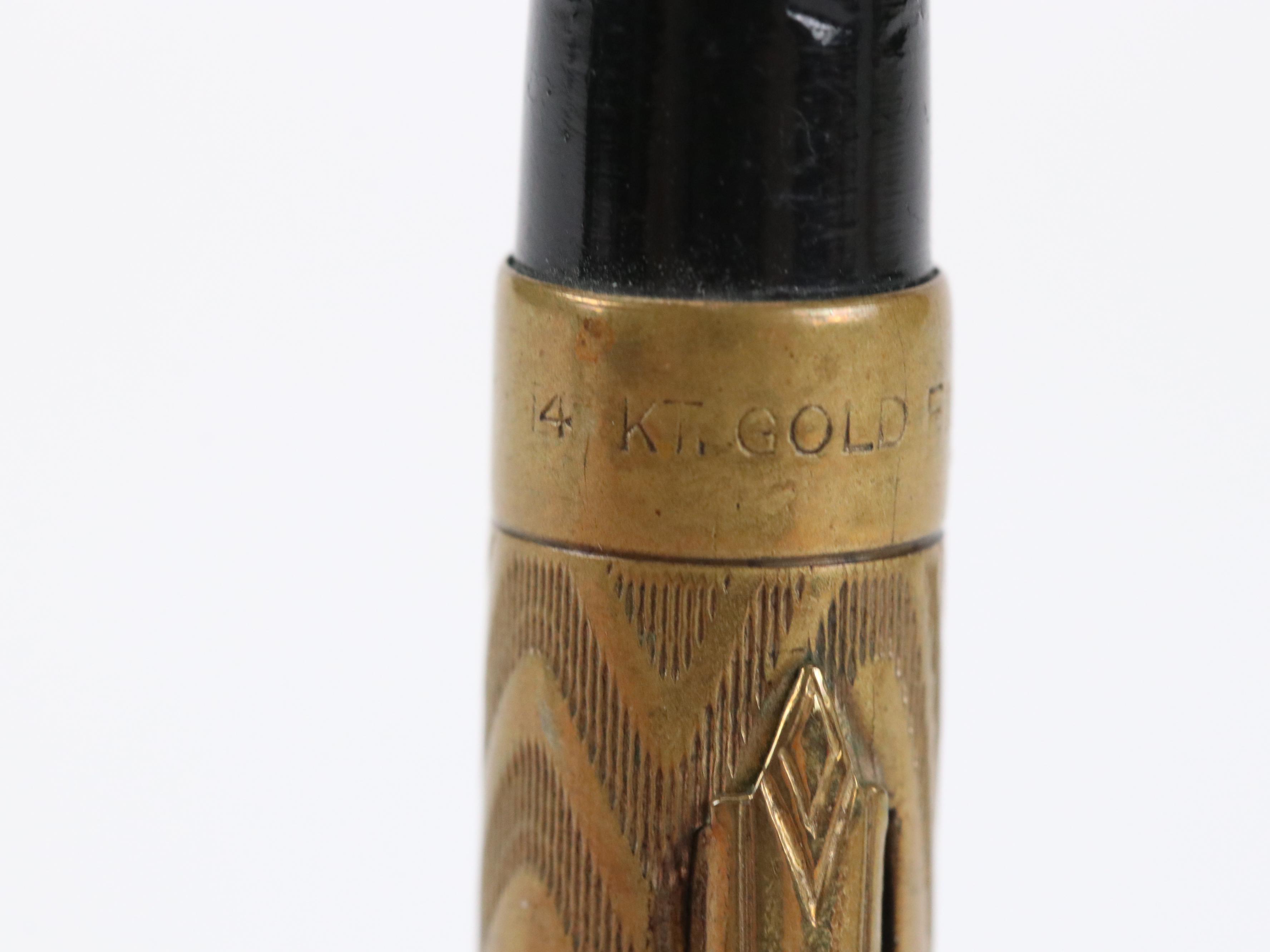 Morrison Ring-Top Filigree Gold-Overlay Fountain Pens and Pencil, Early 20th C.