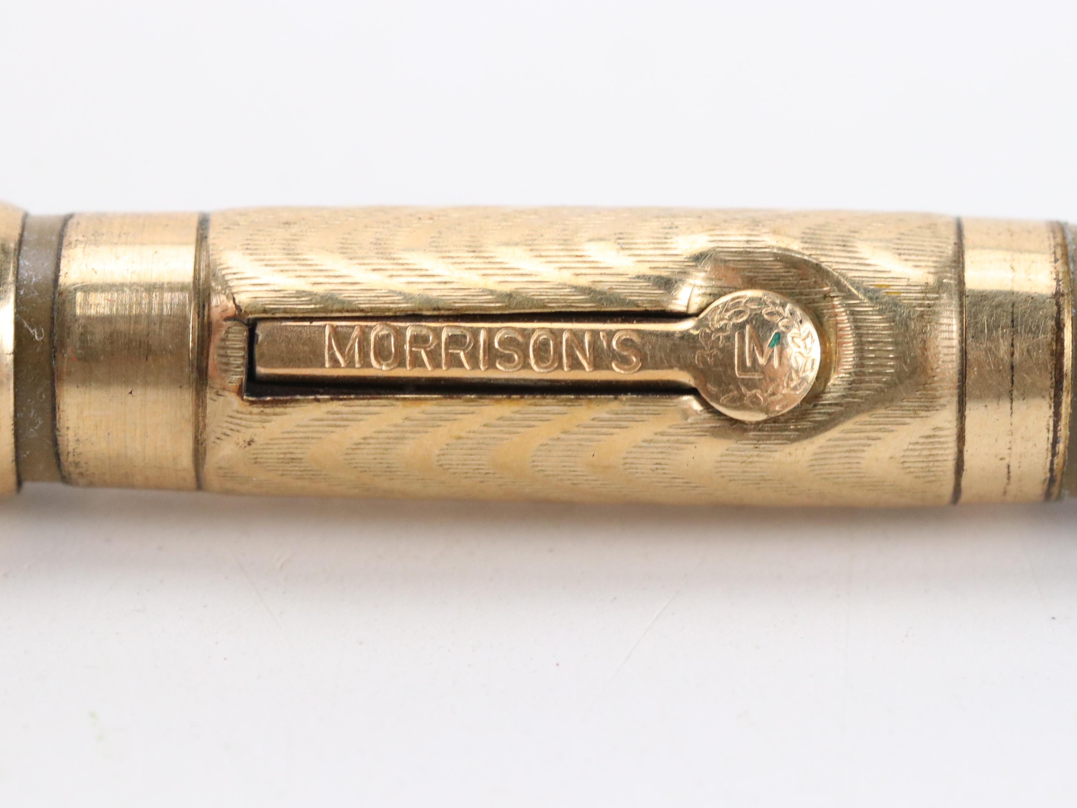 Morrison Ring-Top Filigree Gold-Overlay Fountain Pens and Pencil, Early 20th C.