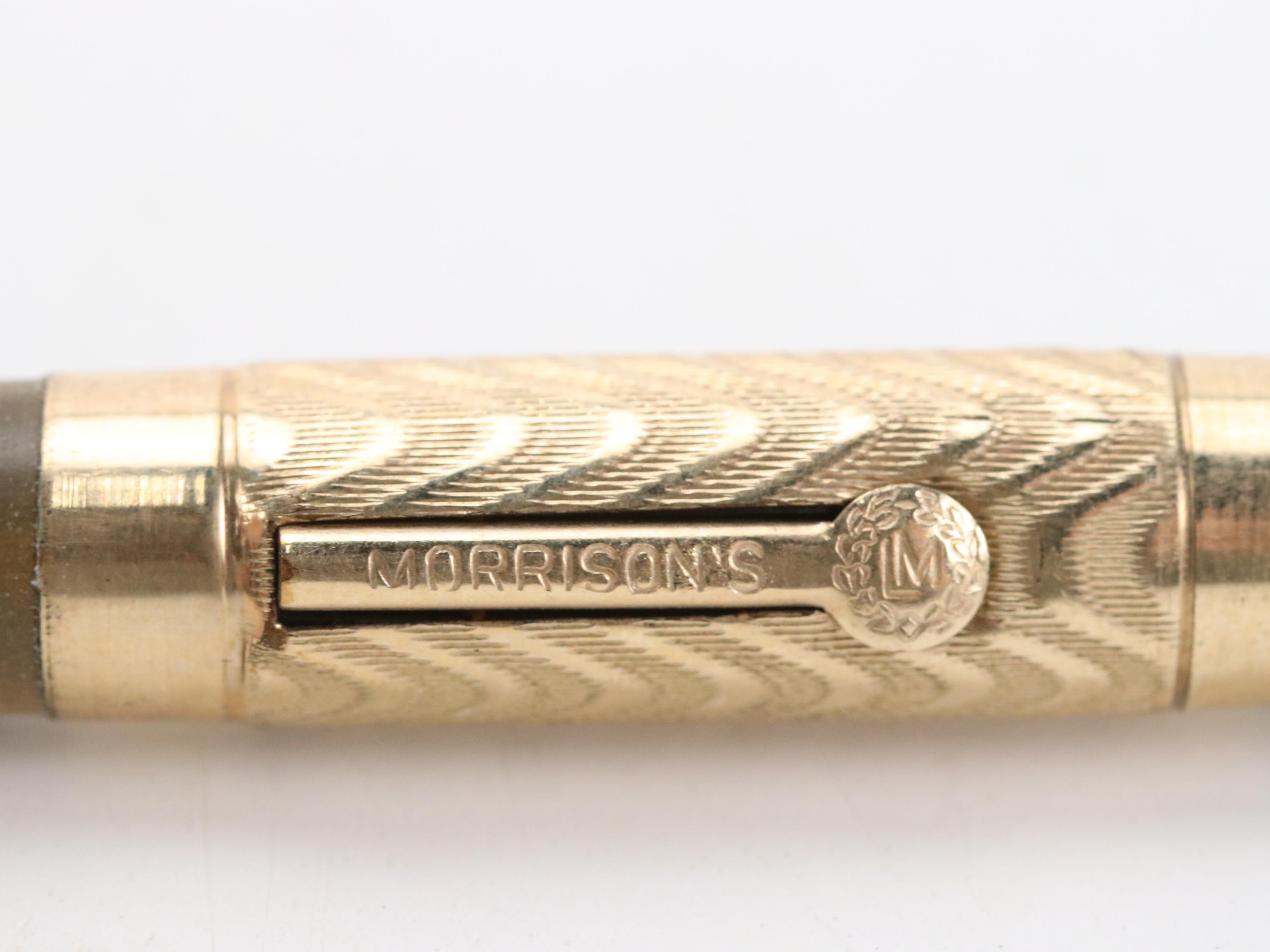 Morrison Ring-Top Filigree Gold-Overlay Fountain Pens and Pencil, Early 20th C.