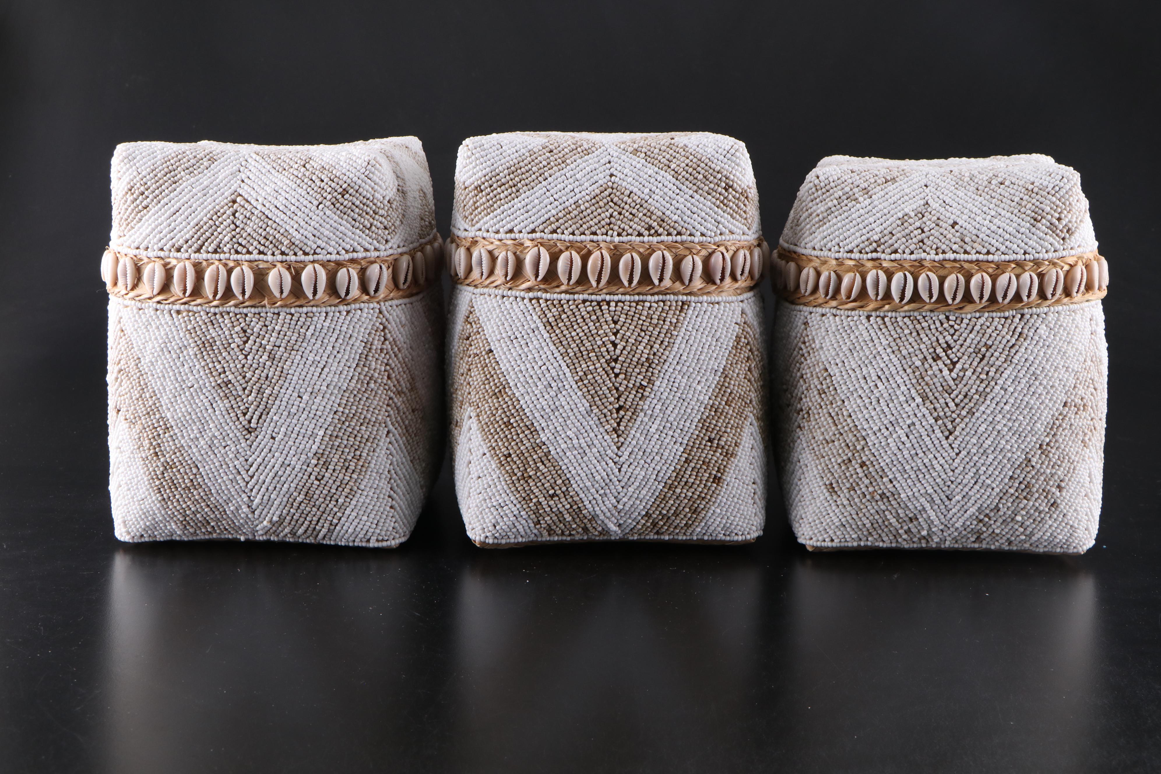 Handwoven Beaded and Cowrie Shell Basket Boxes