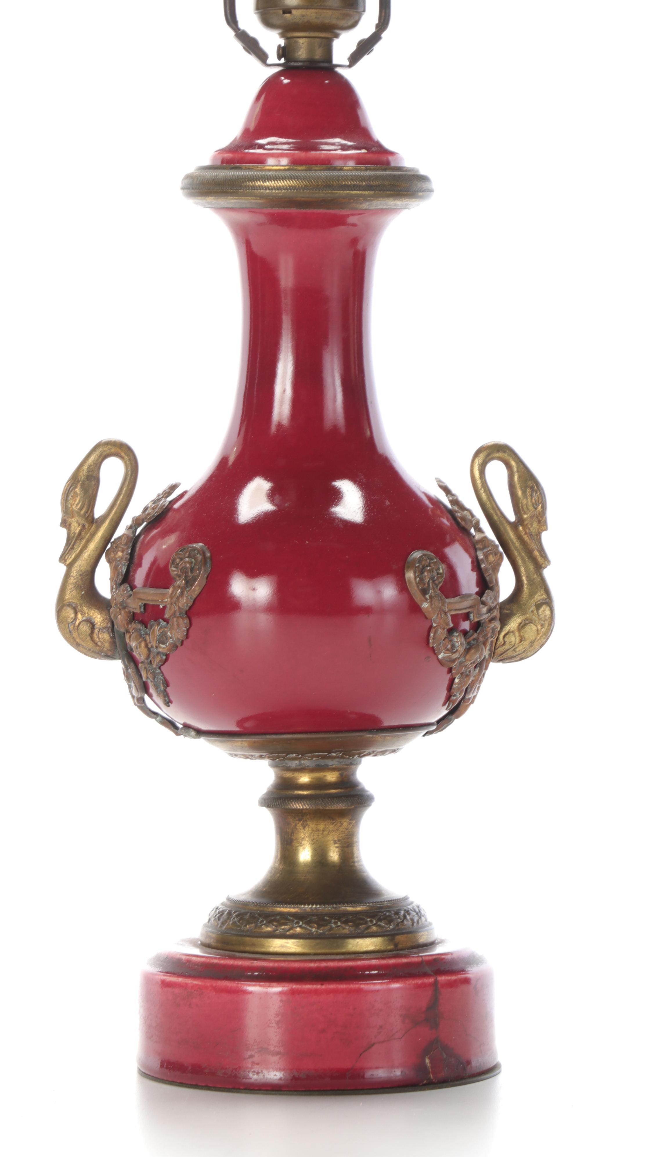 Pair of French Swan Handled Ceramic Table Lamps