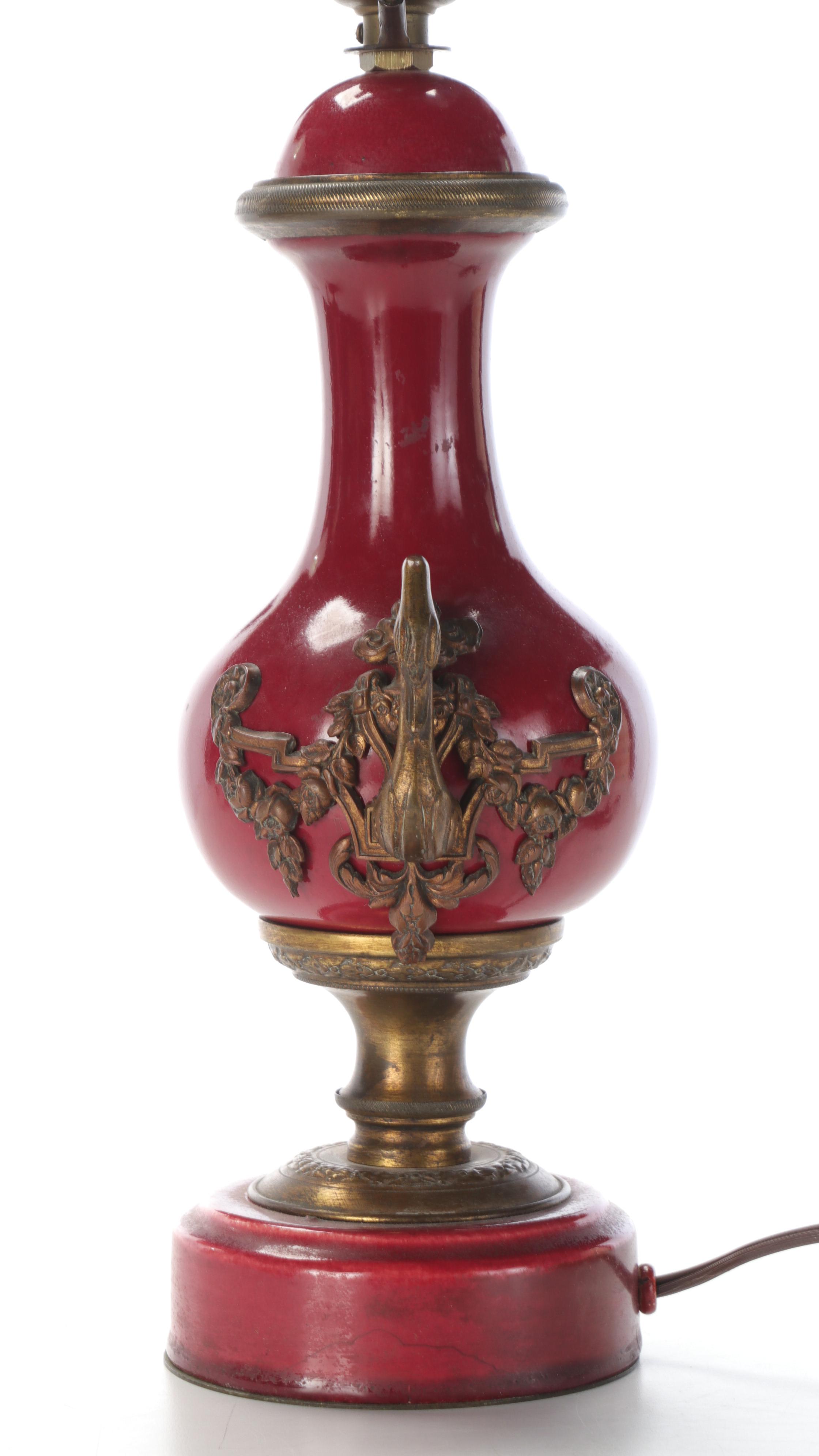 Pair of French Swan Handled Ceramic Table Lamps