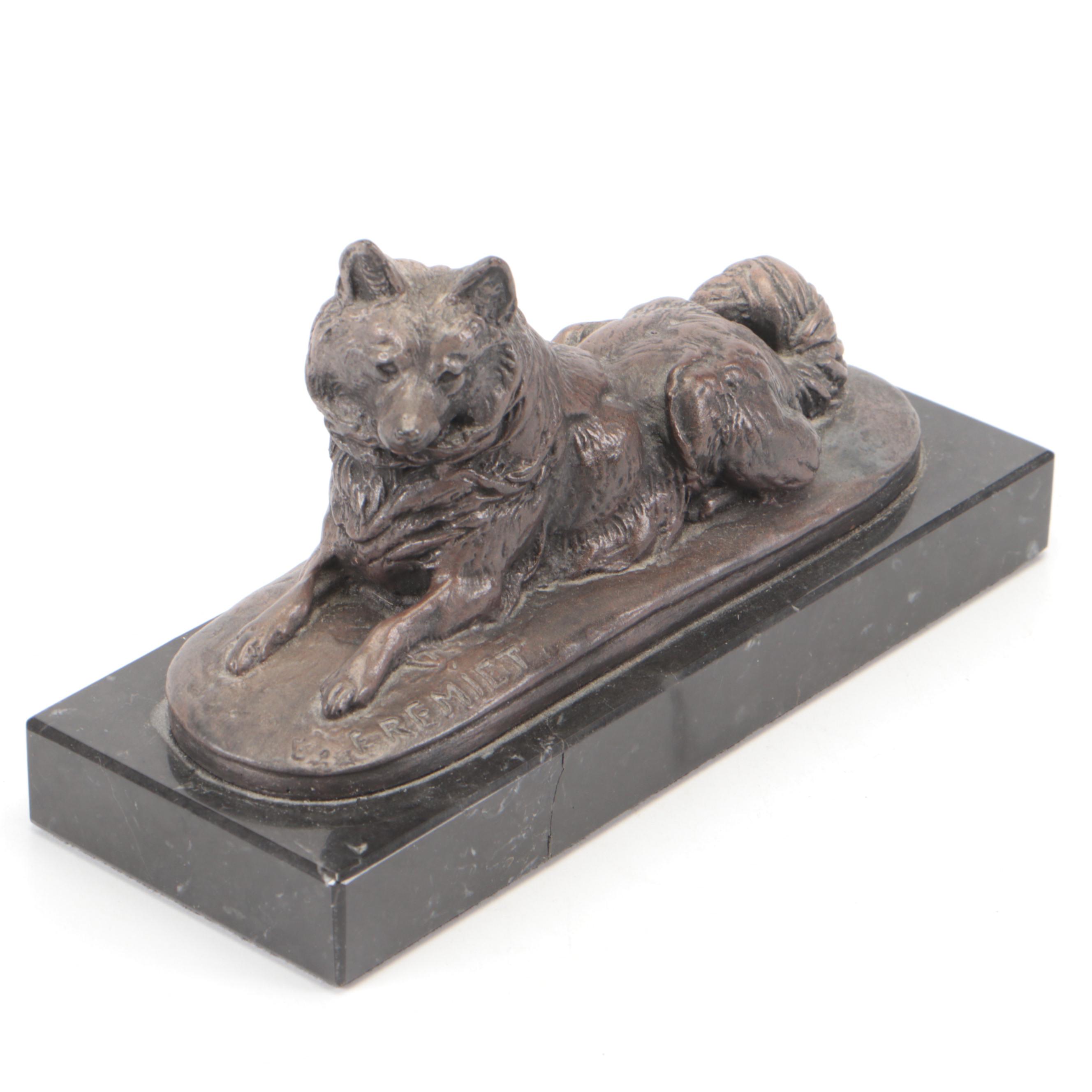 Emmanuel Frémiet "Husky Dog" Cast Resin Figurine on Black Marble Base