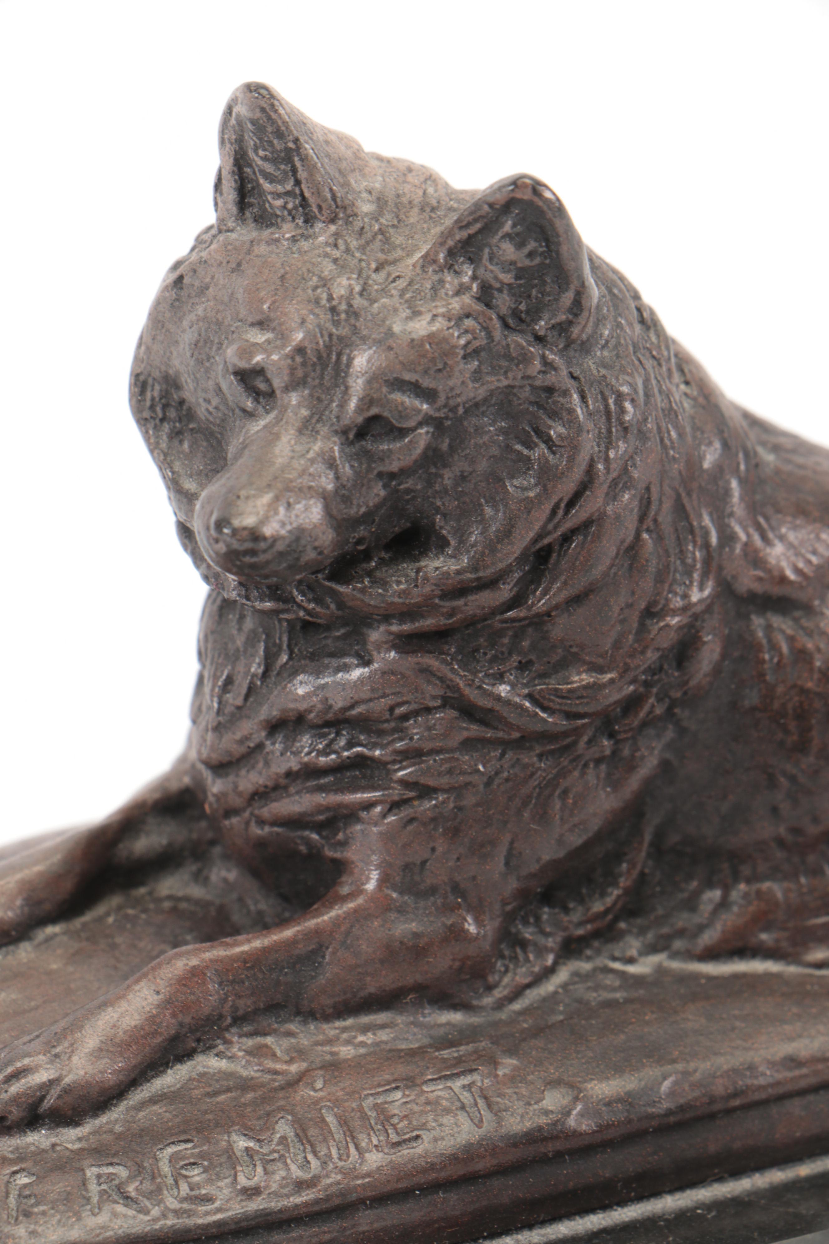 Emmanuel Frémiet "Husky Dog" Cast Resin Figurine on Black Marble Base
