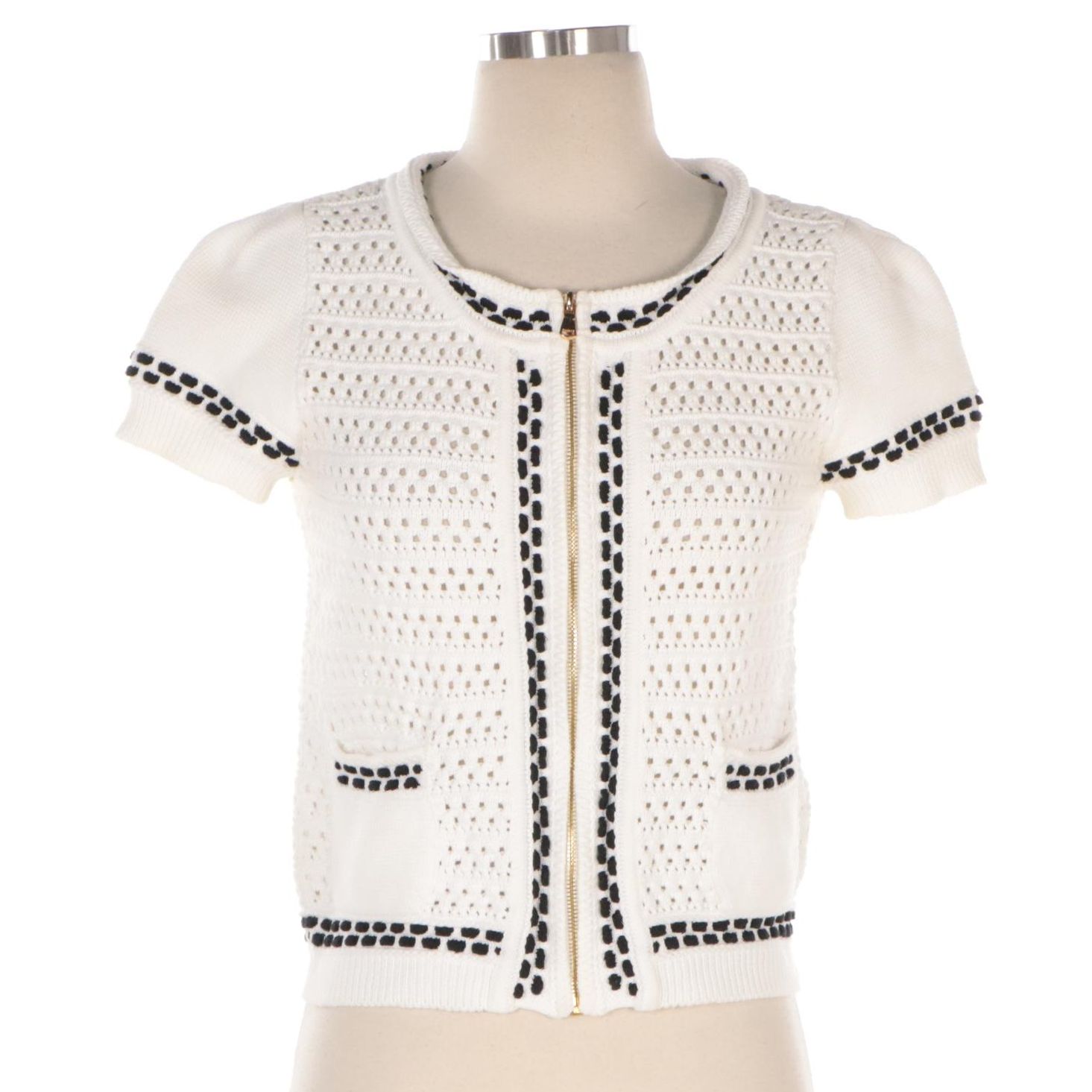 Red Valentino B&W Crochet Knit Zip-Front Short Sleeve Top