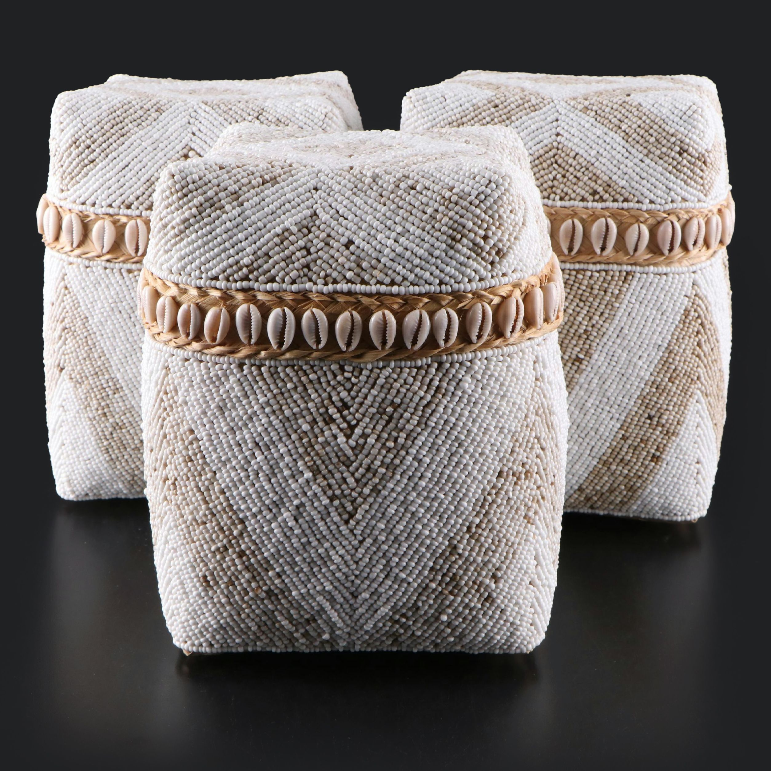 Handwoven Beaded and Cowrie Shell Basket Boxes