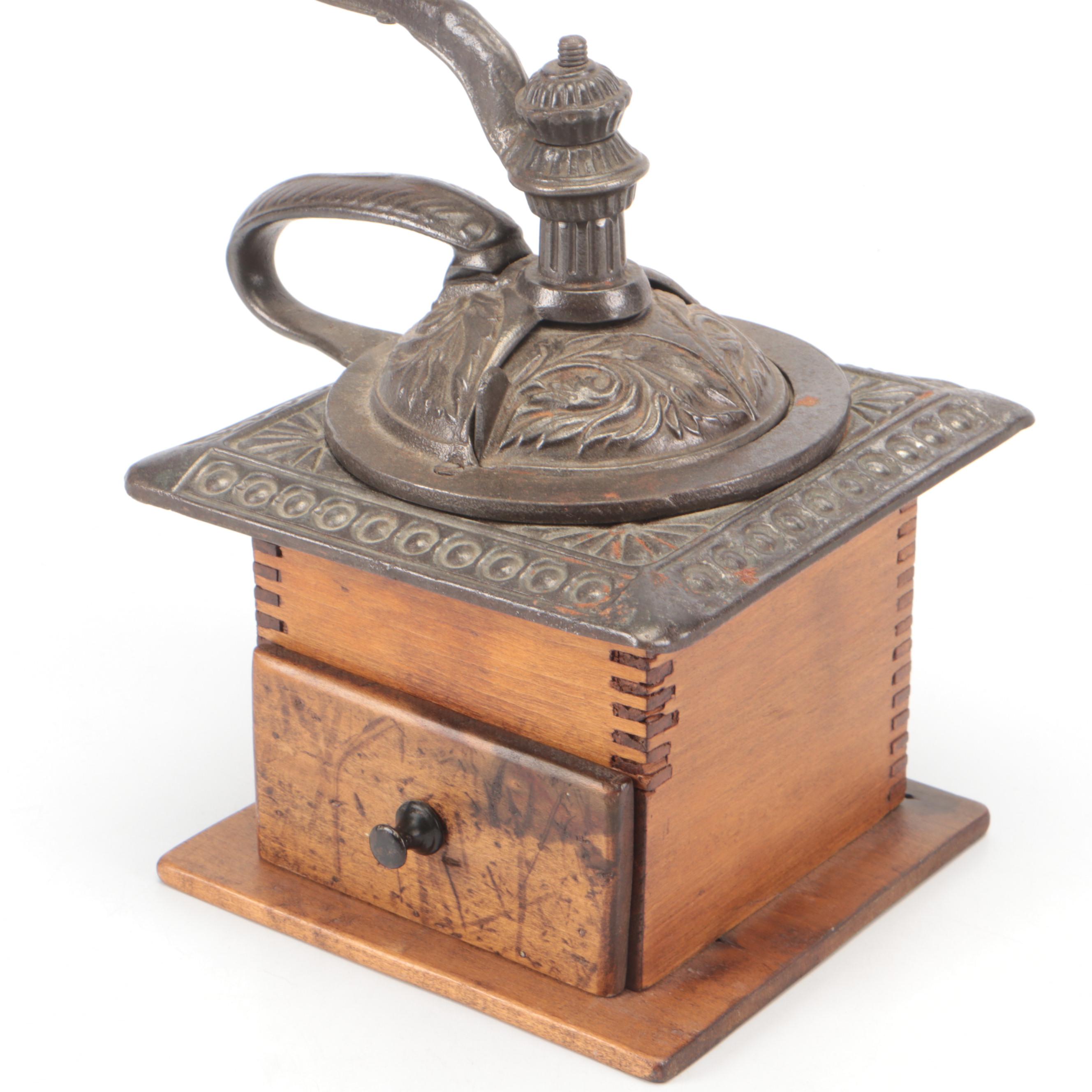 Victorian Ornate Cast Iron and Wood Coffee Grinder