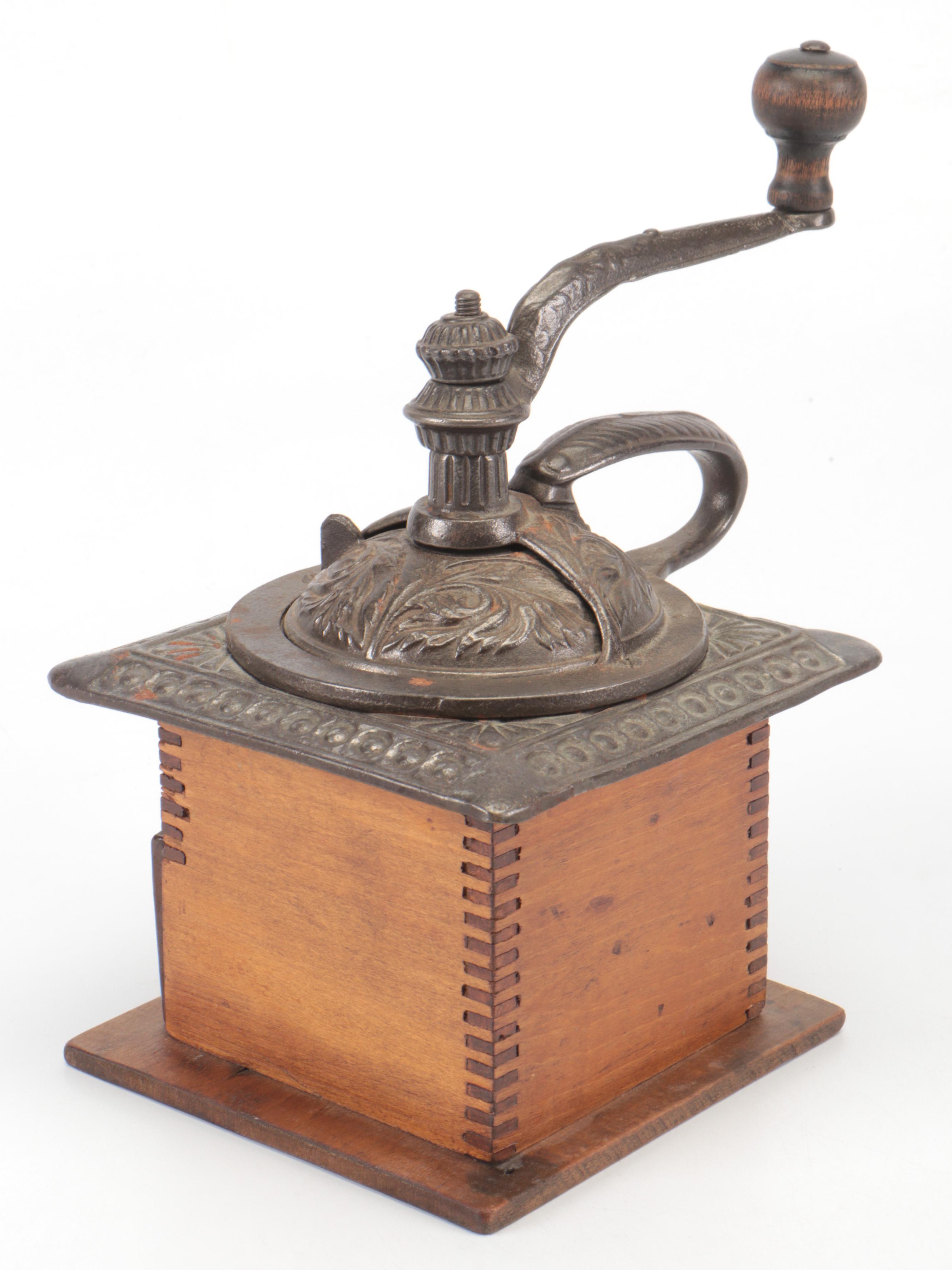 Victorian Ornate Cast Iron and Wood Coffee Grinder