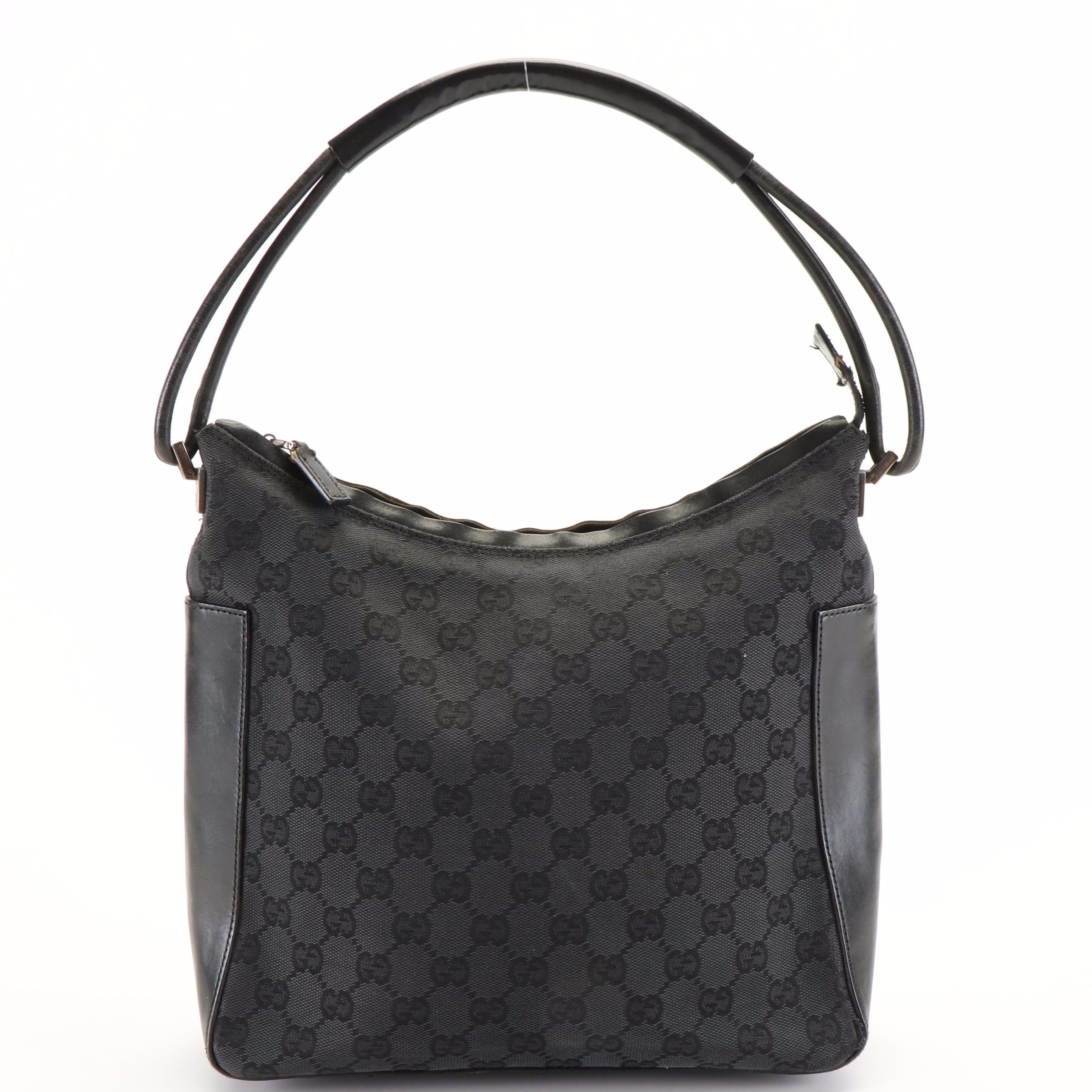 Gucci Black GG Monogram Canvas with Leather Trim Shoulder Bag