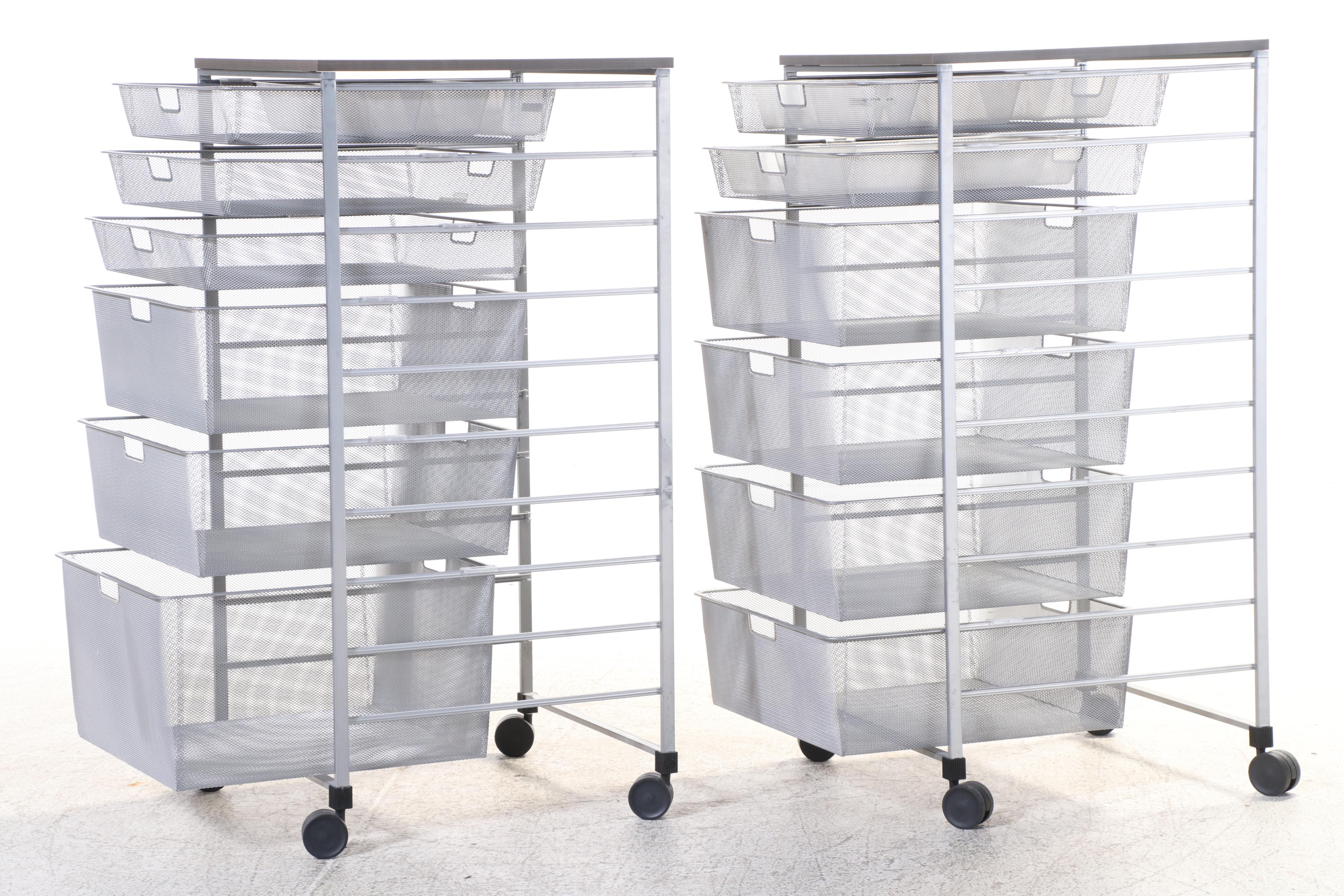 Pair of Elfa Steel and Laminate Top Storage Carts with Wire Mesh Baskets