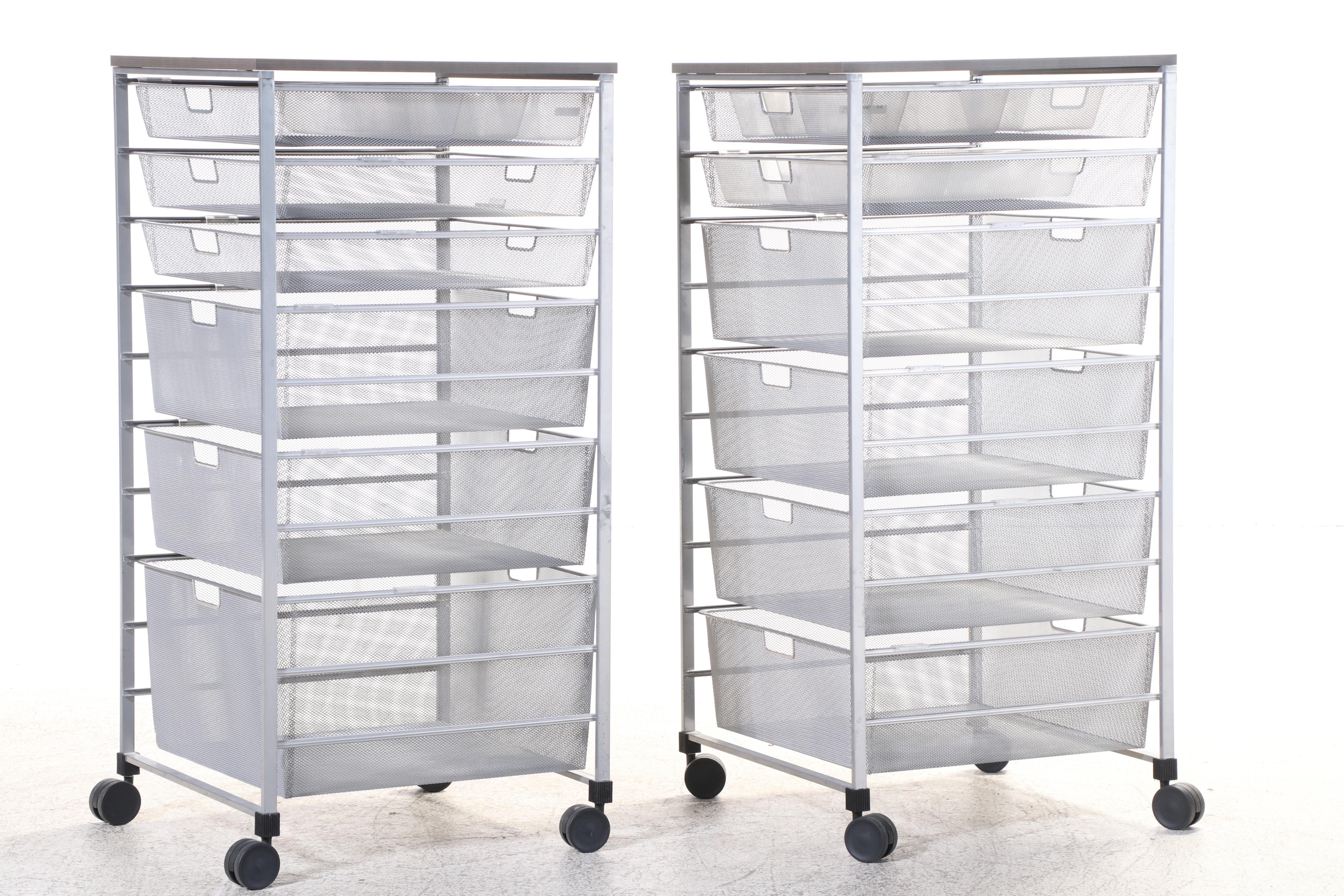 Pair of Elfa Steel and Laminate Top Storage Carts with Wire Mesh Baskets