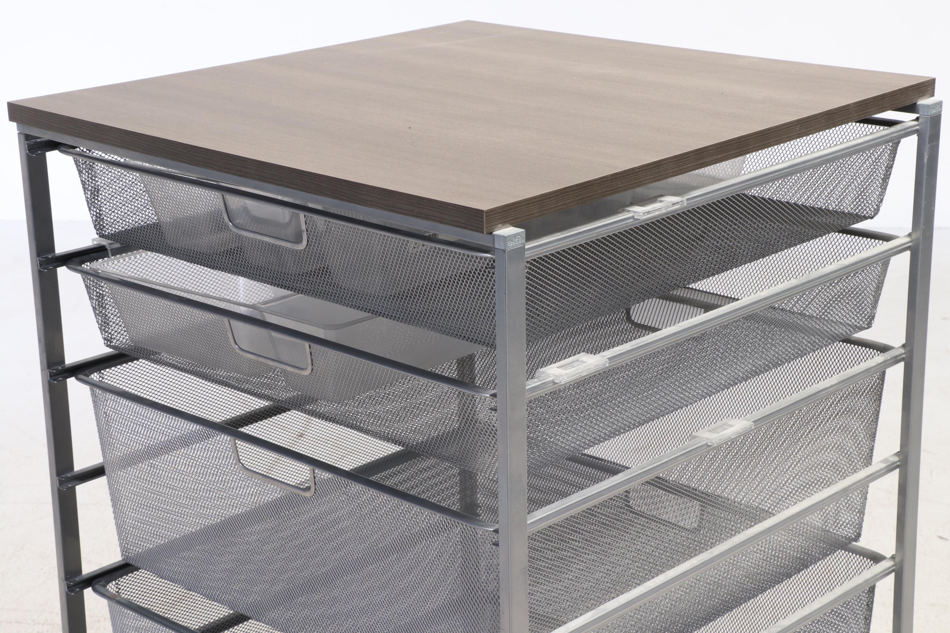 Pair of Elfa Steel and Laminate Top Storage Carts with Wire Mesh Baskets