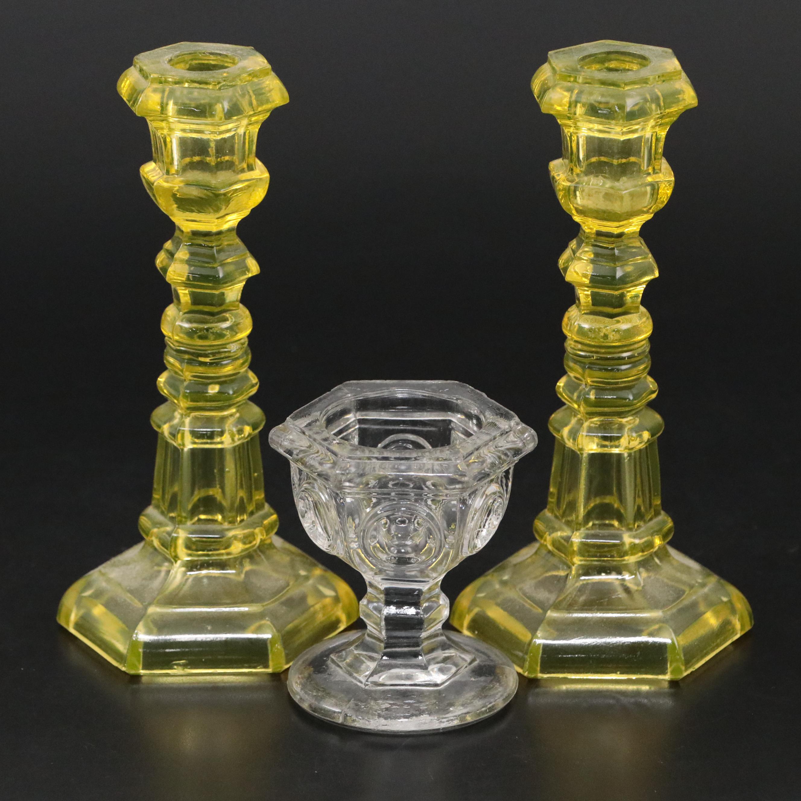 Vaseline Glass Candlesticks with Pressed Flint Glass Footed Salt Cellar