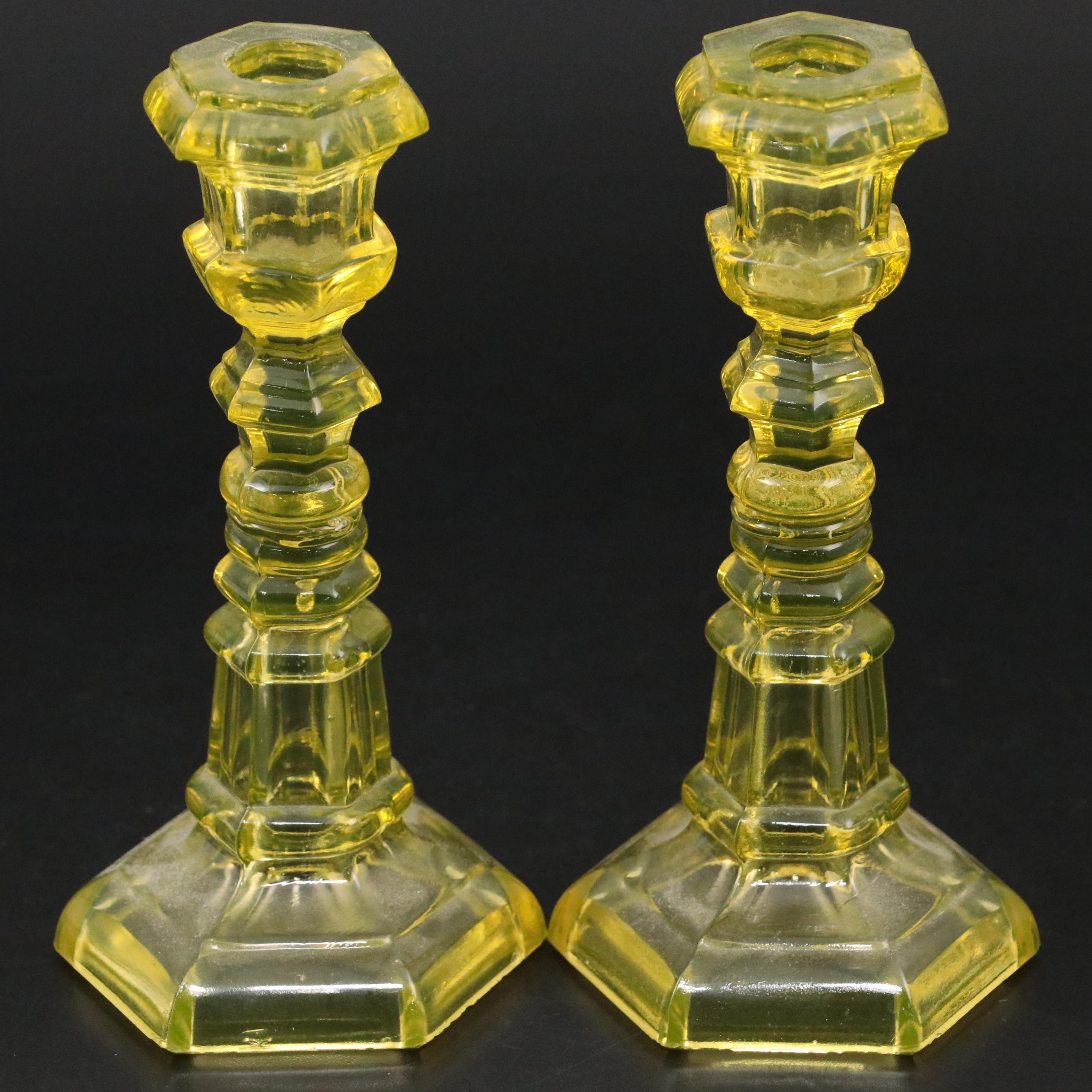 Vaseline Glass Candlesticks with Pressed Flint Glass Footed Salt Cellar