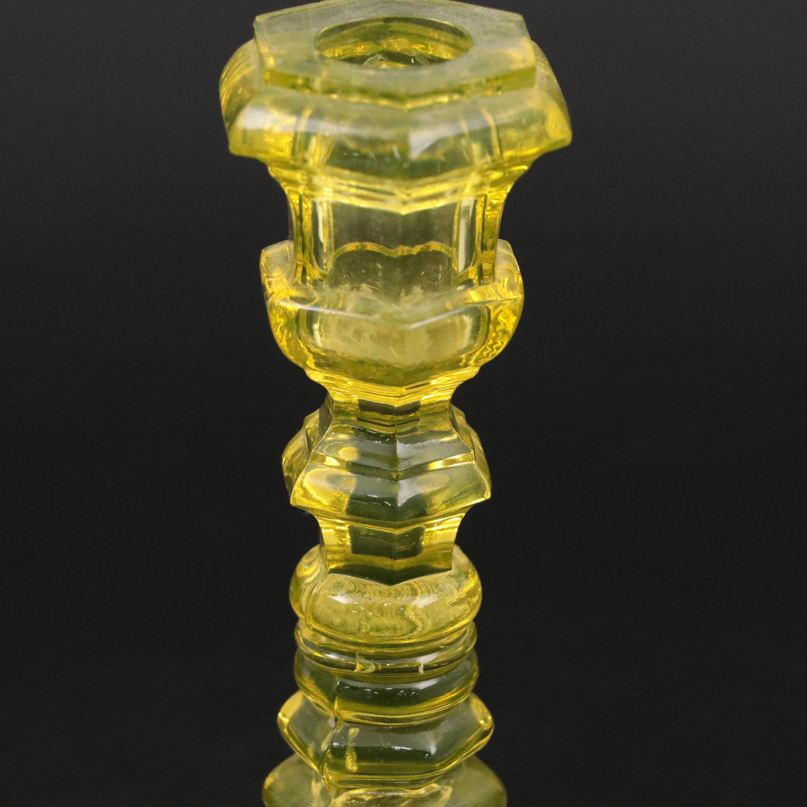 Vaseline Glass Candlesticks with Pressed Flint Glass Footed Salt Cellar