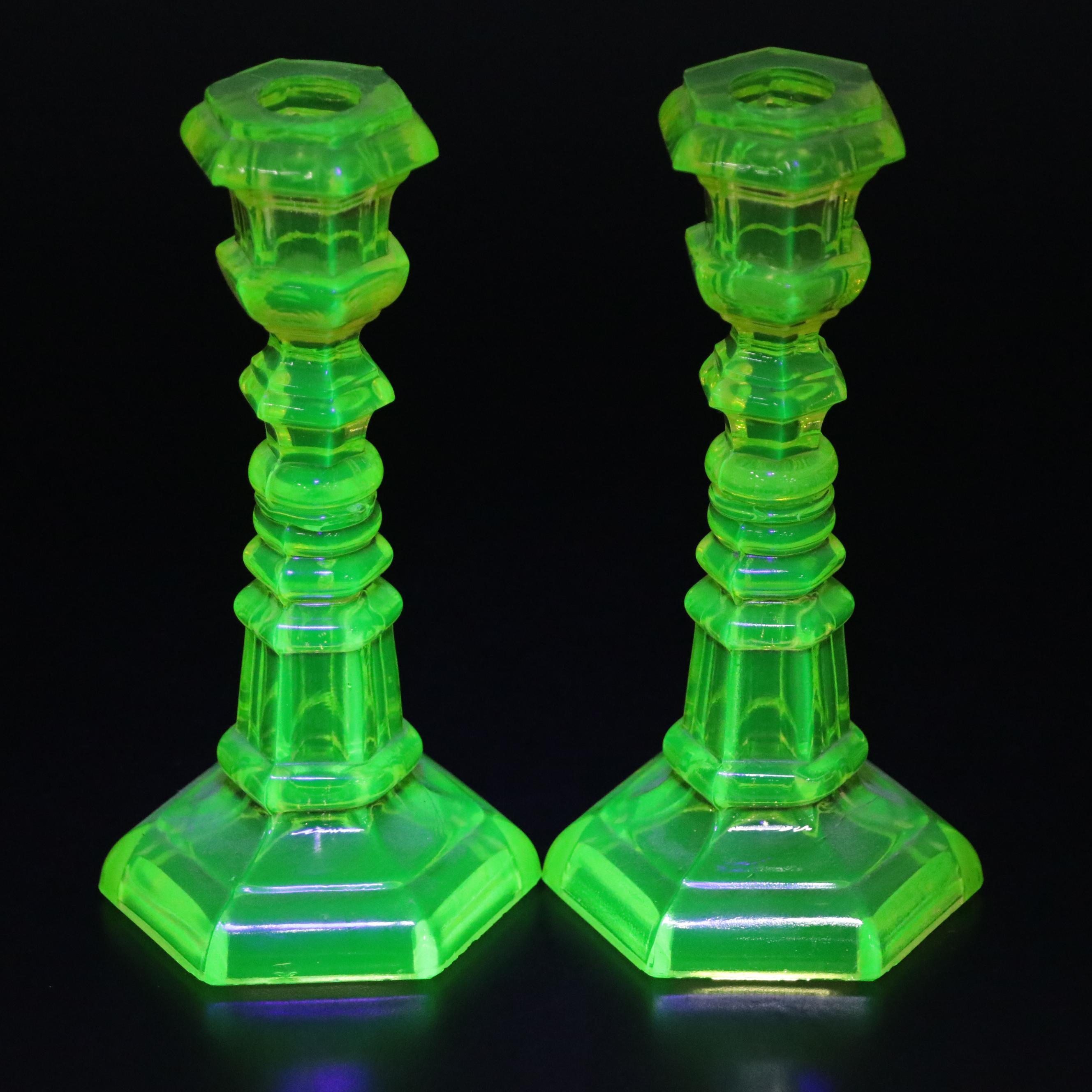 Vaseline Glass Candlesticks with Pressed Flint Glass Footed Salt Cellar