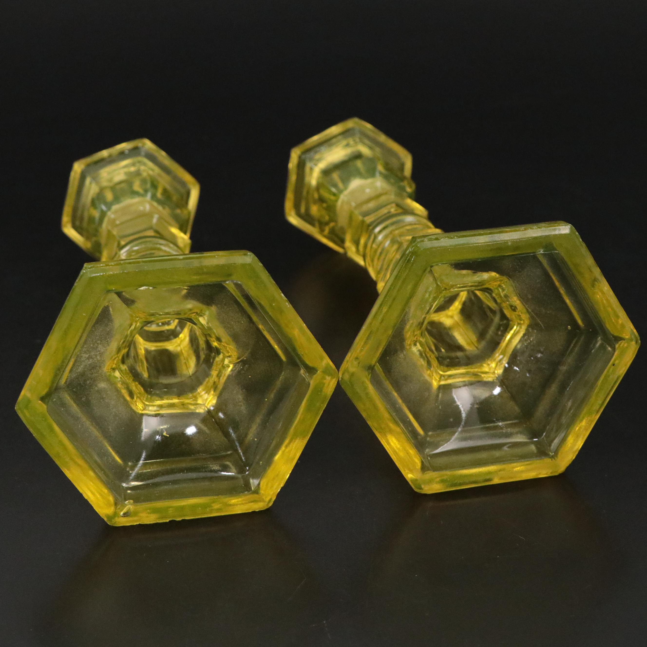 Vaseline Glass Candlesticks with Pressed Flint Glass Footed Salt Cellar