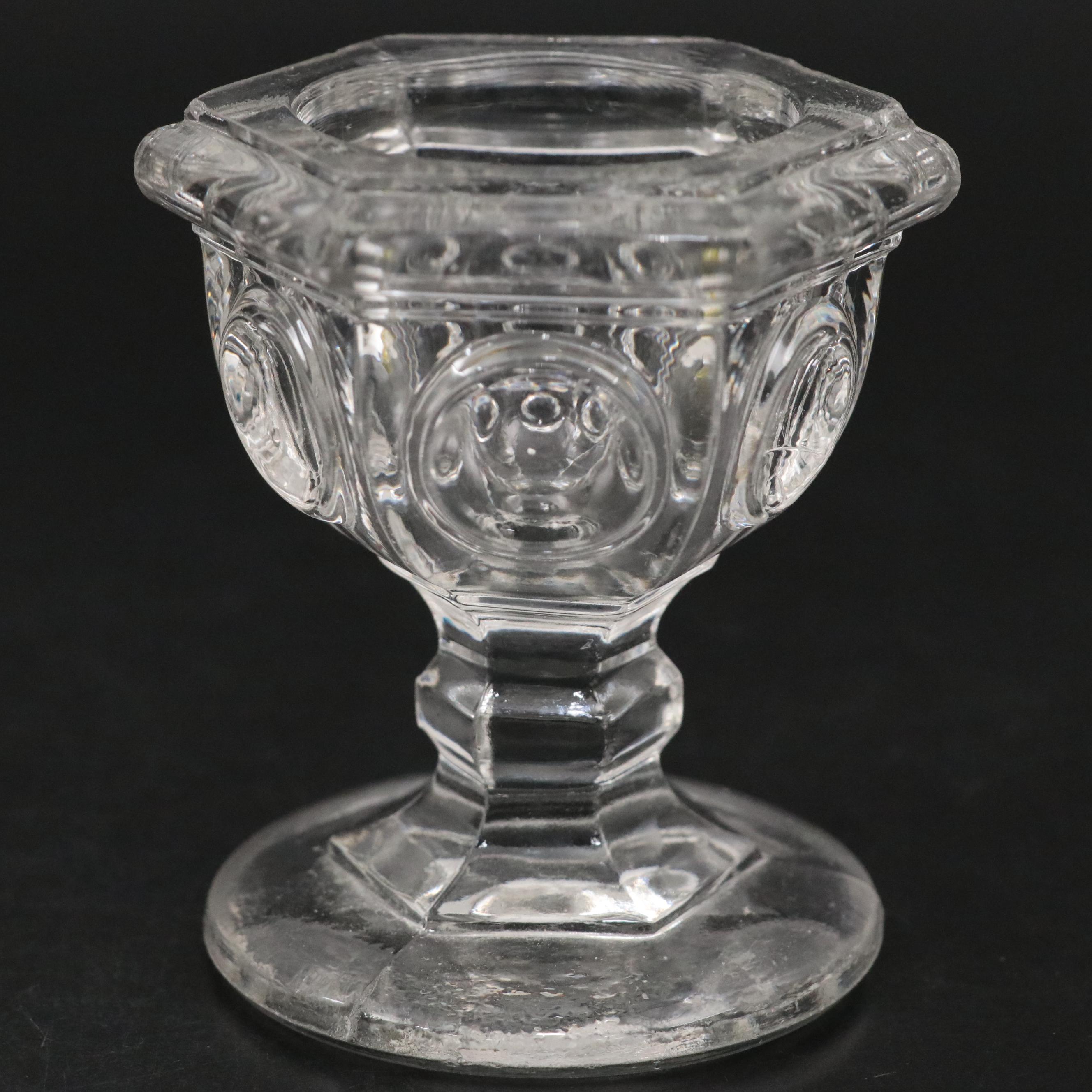 Vaseline Glass Candlesticks with Pressed Flint Glass Footed Salt Cellar