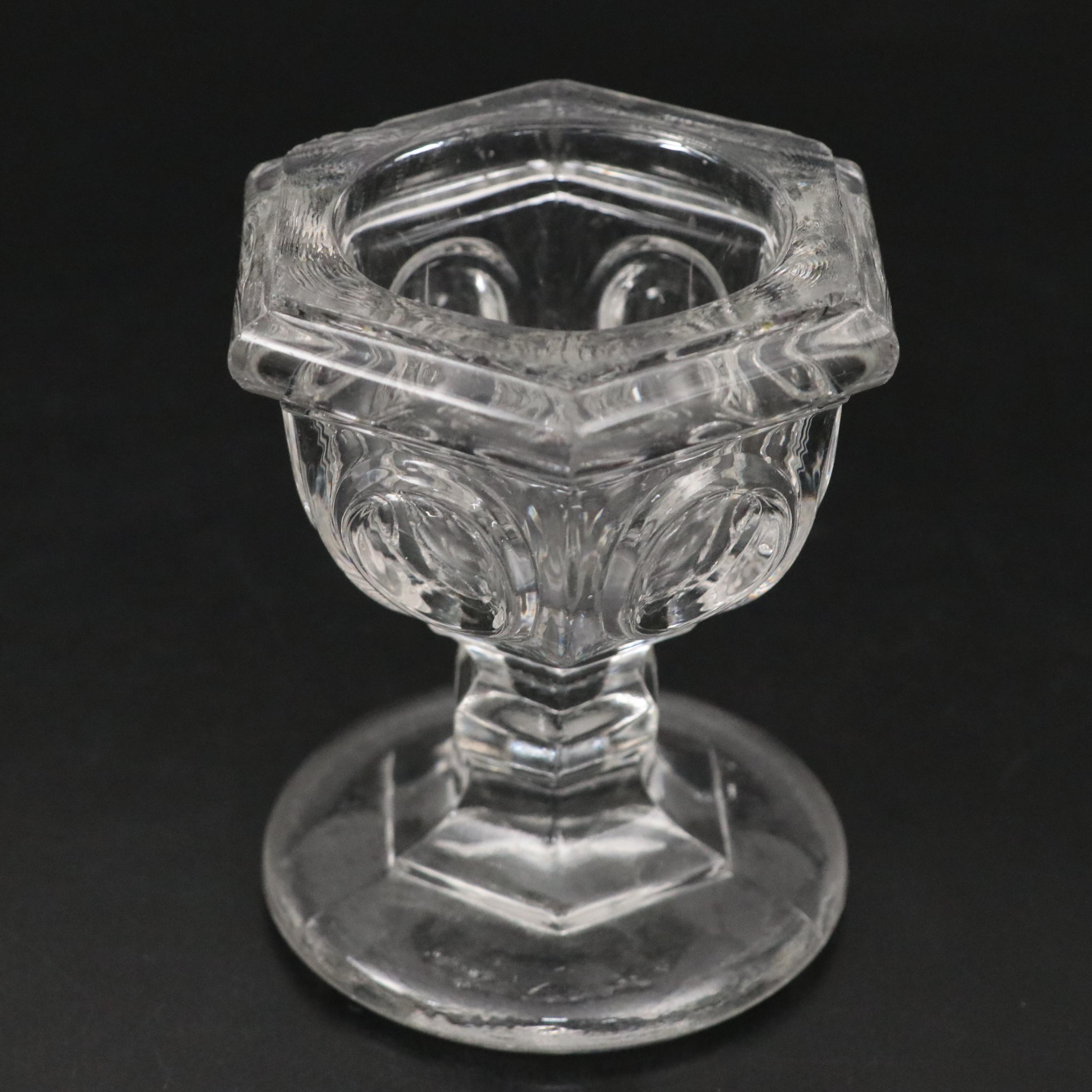 Vaseline Glass Candlesticks with Pressed Flint Glass Footed Salt Cellar