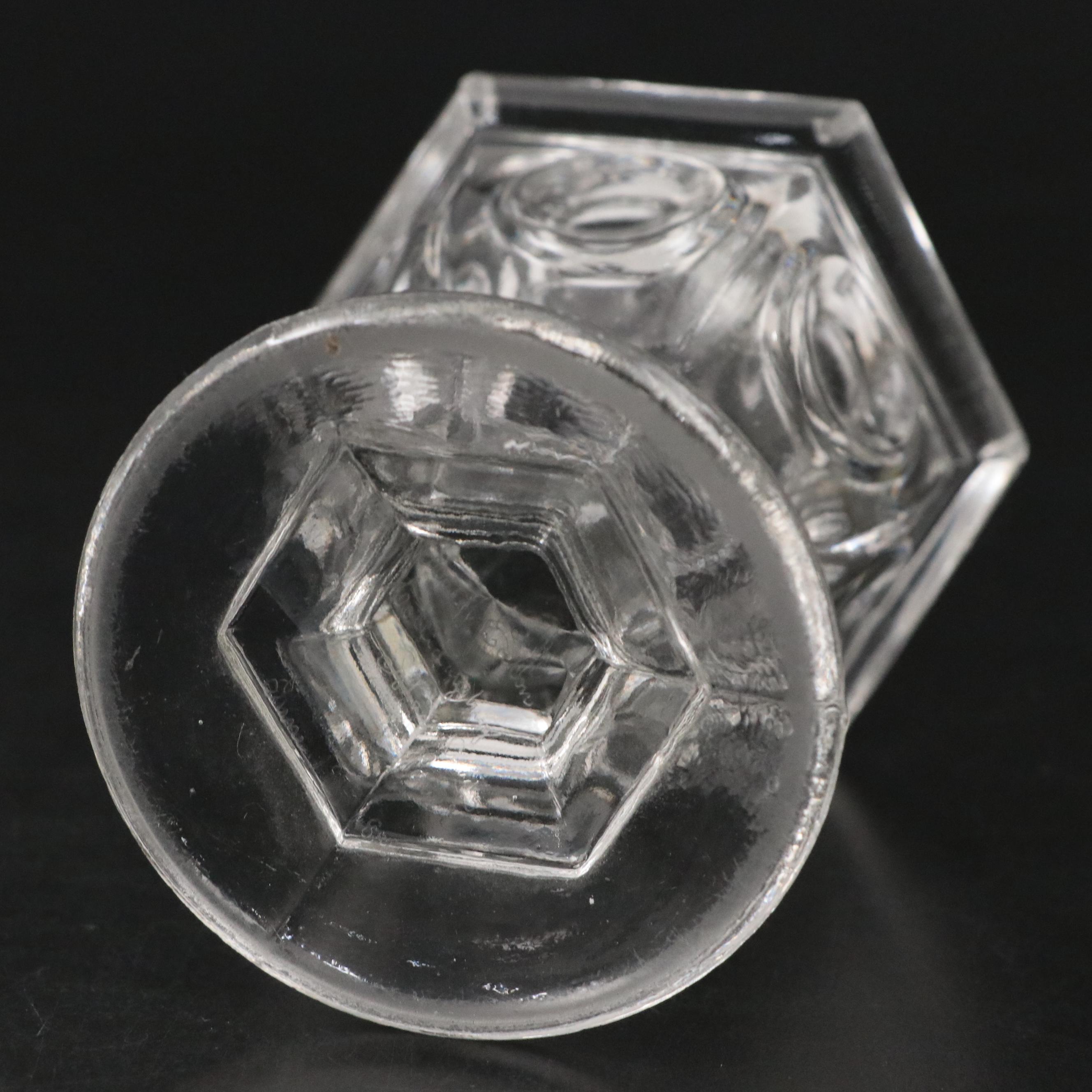 Vaseline Glass Candlesticks with Pressed Flint Glass Footed Salt Cellar