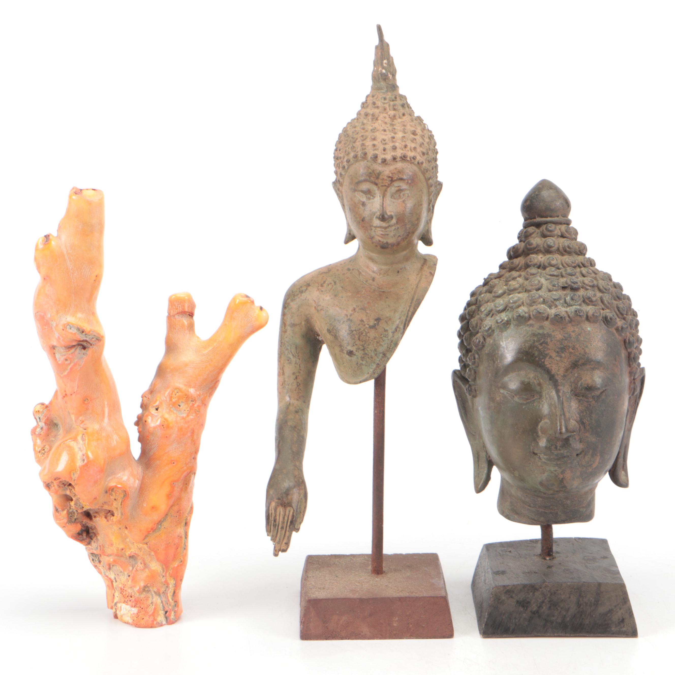 Red Coral Specimen with Southeast Asian Style Metal Buddha Statues