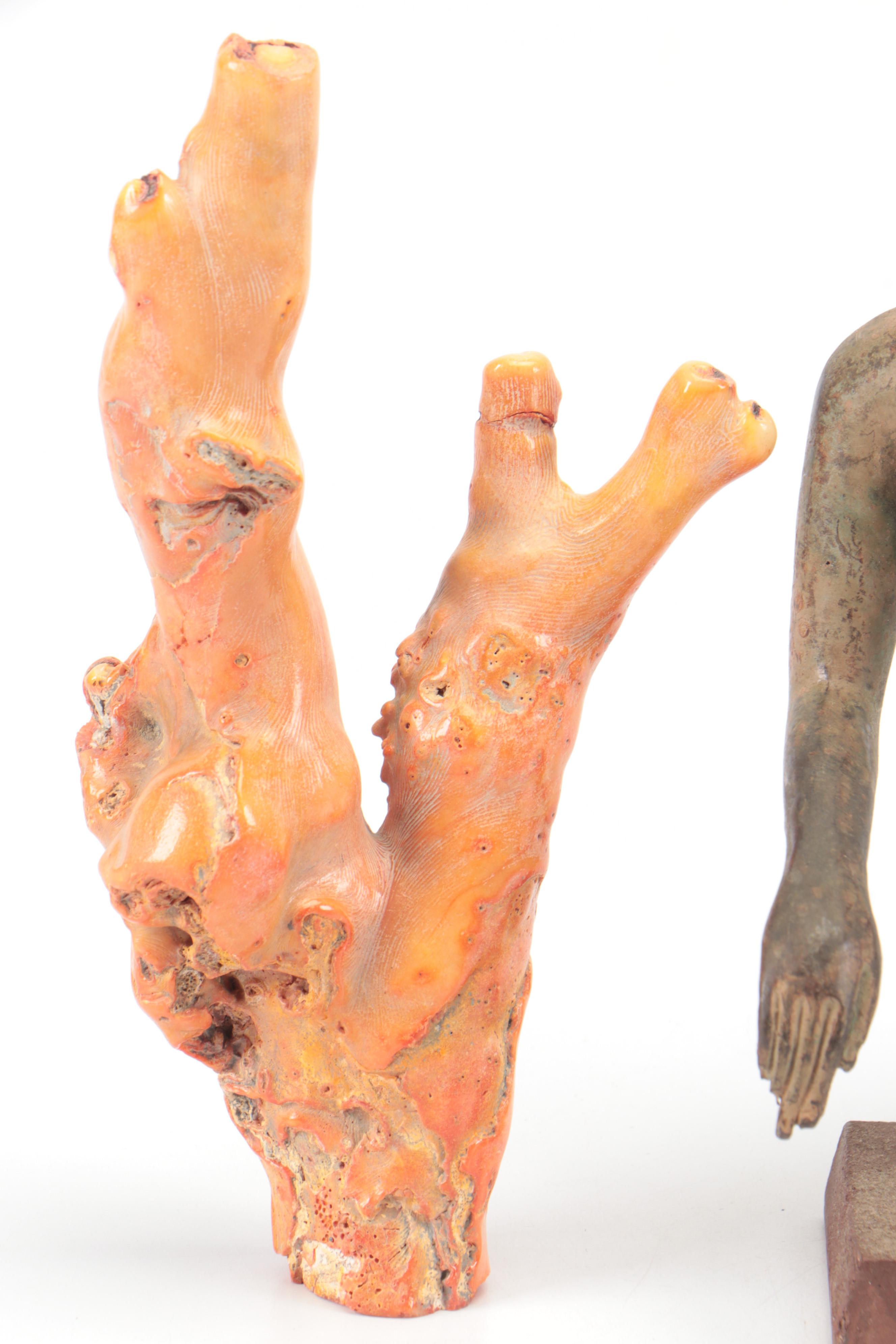 Red Coral Specimen with Southeast Asian Style Metal Buddha Statues