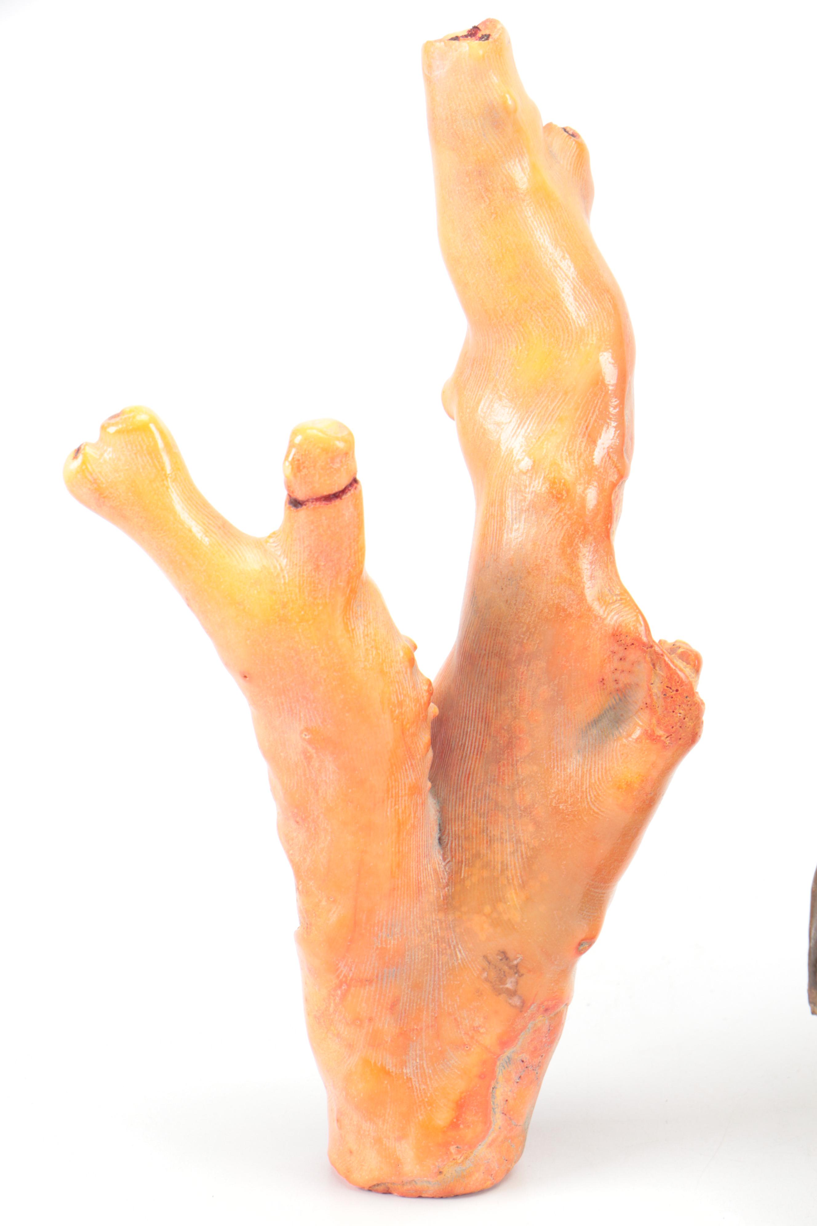 Red Coral Specimen with Southeast Asian Style Metal Buddha Statues