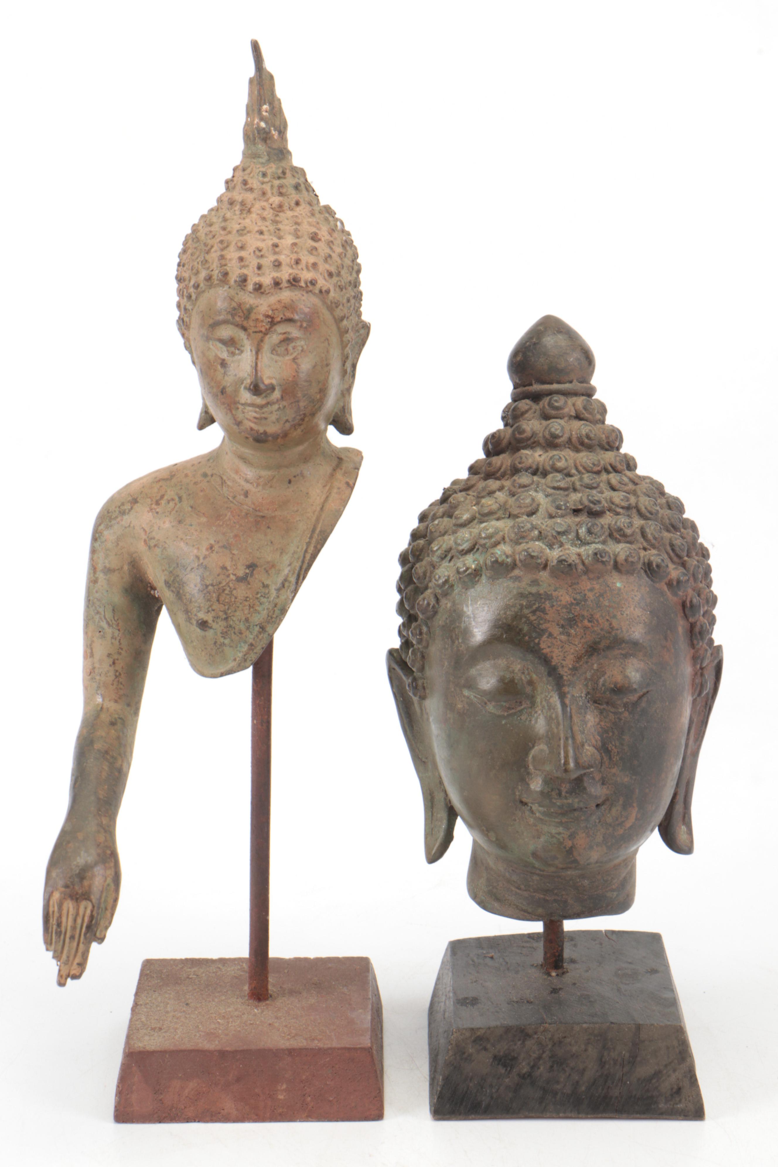 Red Coral Specimen with Southeast Asian Style Metal Buddha Statues