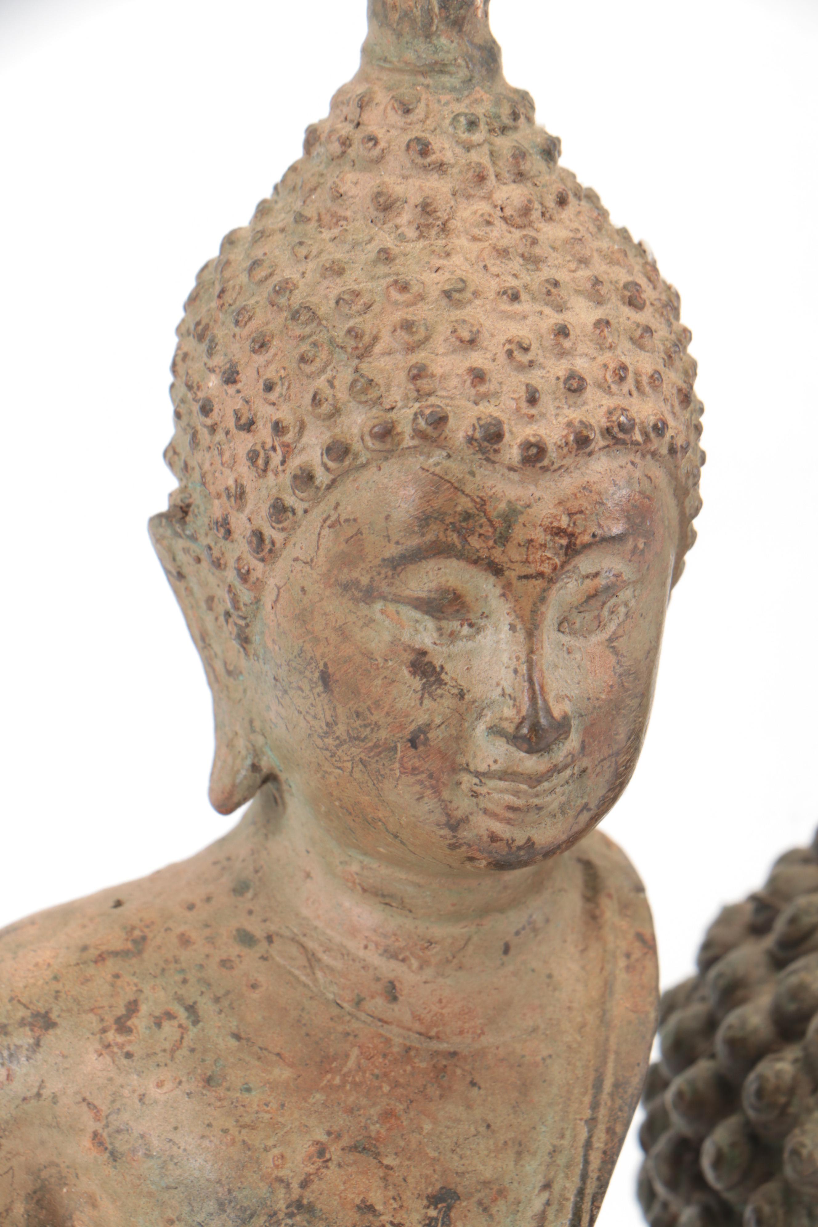 Red Coral Specimen with Southeast Asian Style Metal Buddha Statues