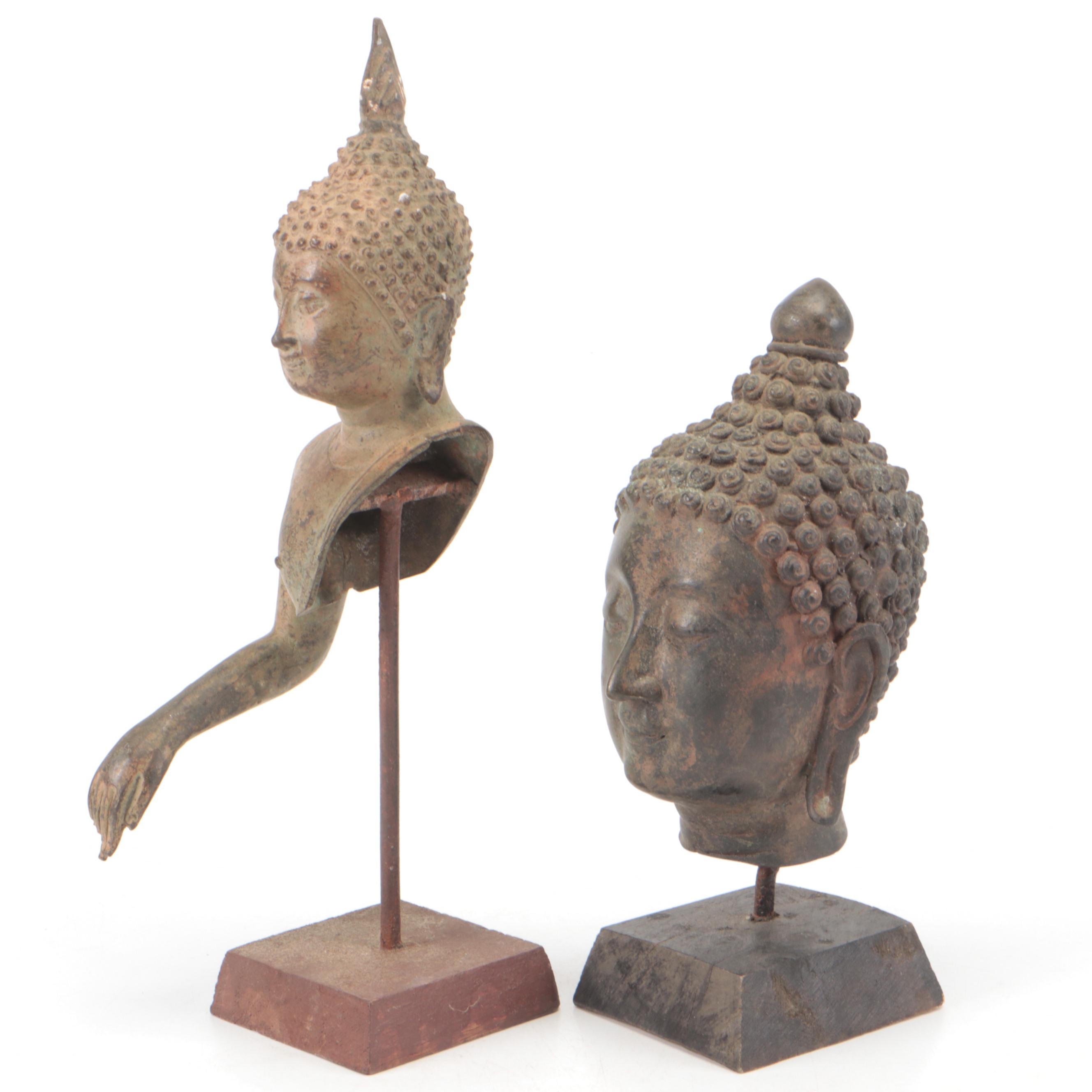 Red Coral Specimen with Southeast Asian Style Metal Buddha Statues