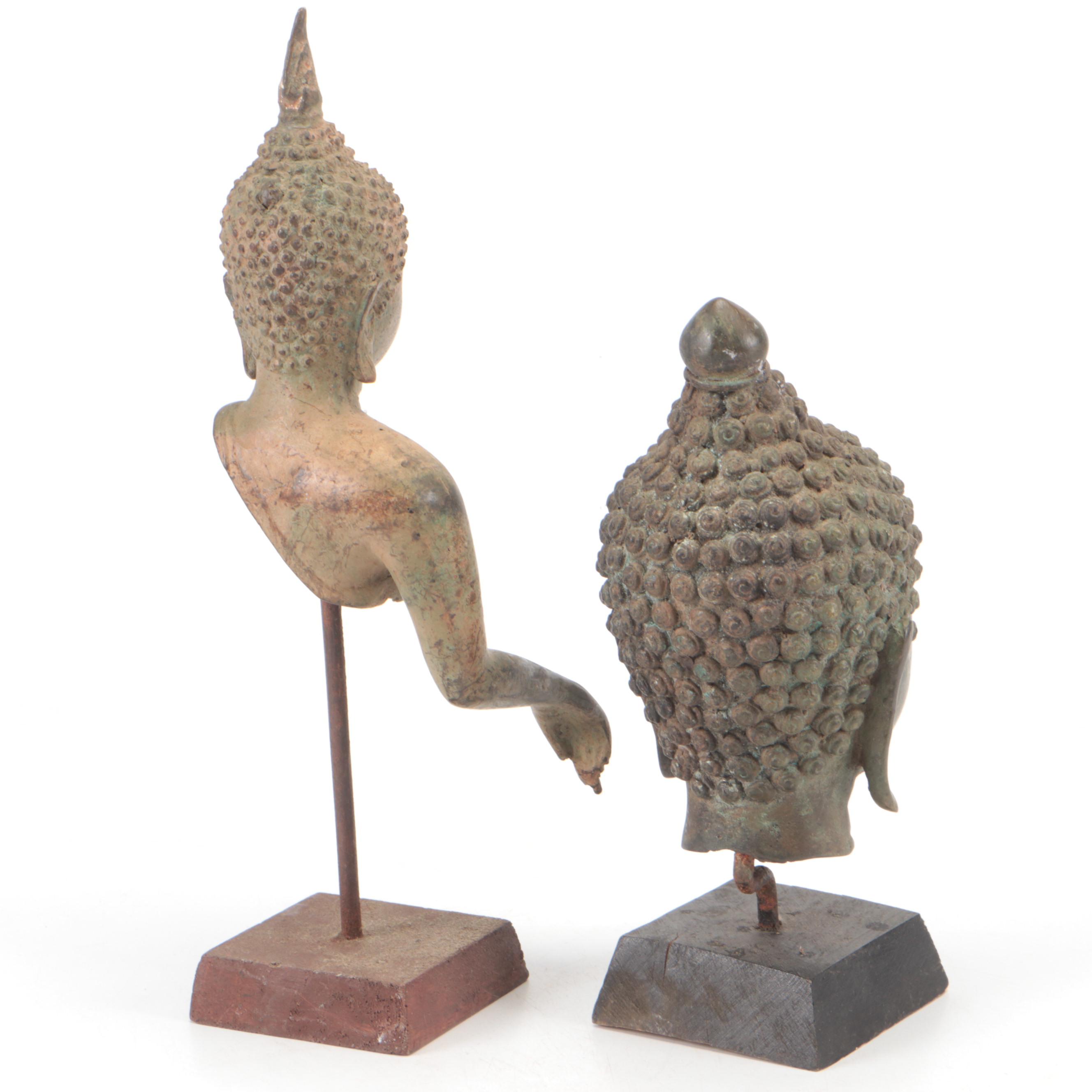 Red Coral Specimen with Southeast Asian Style Metal Buddha Statues