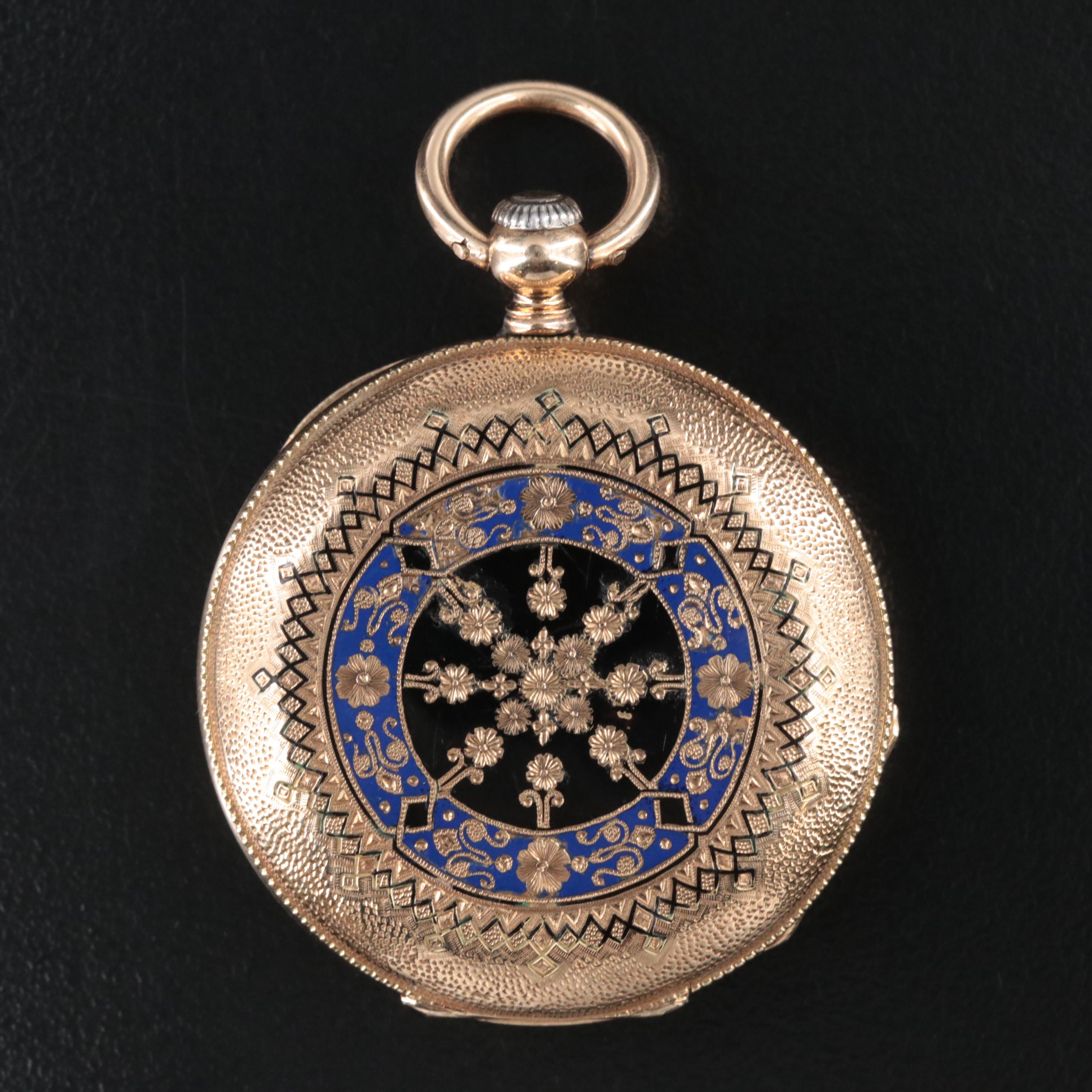 Antique 14K J.M. Sandol Blue and Black Enamel Hunting Case Pocket Watch