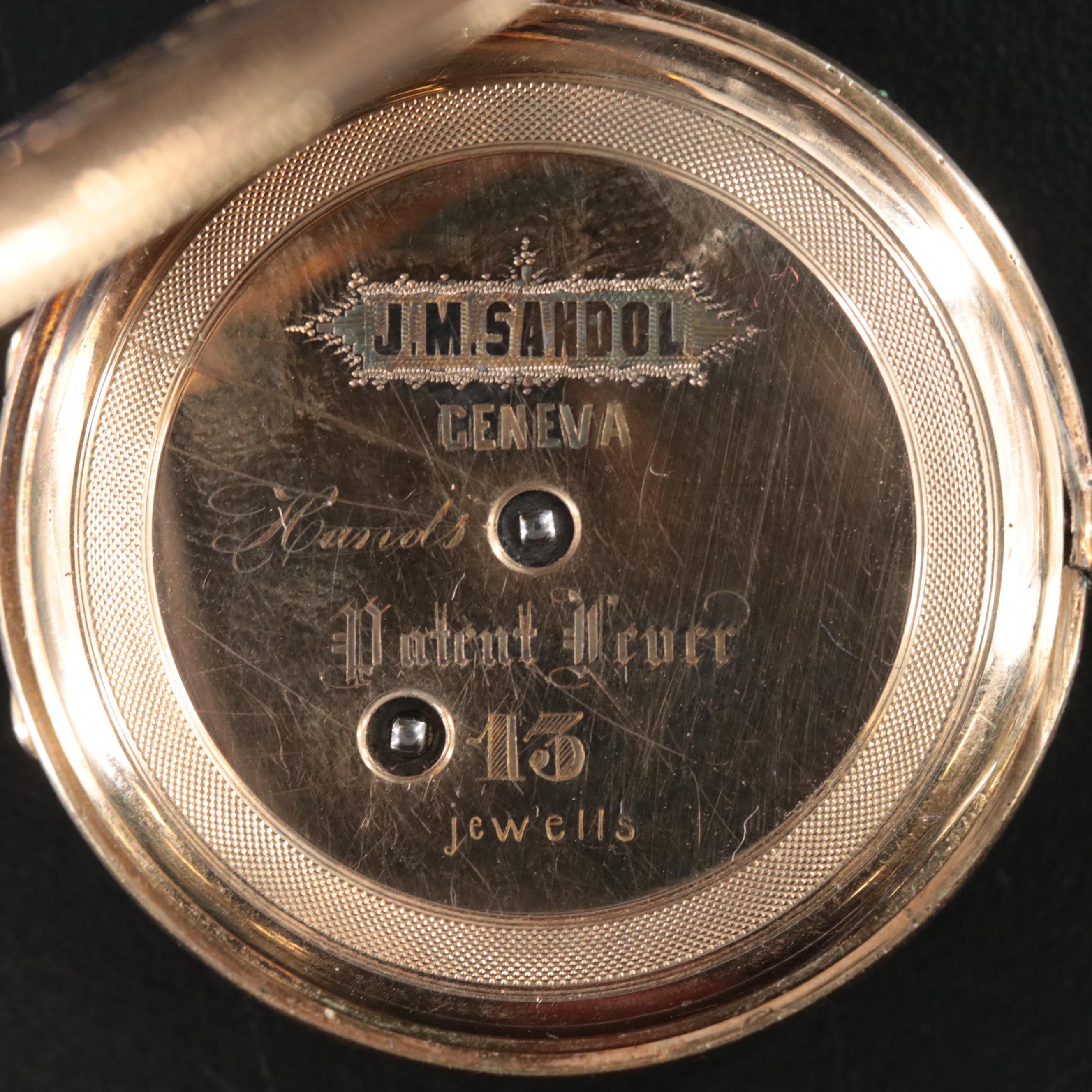 Antique 14K J.M. Sandol Blue and Black Enamel Hunting Case Pocket Watch