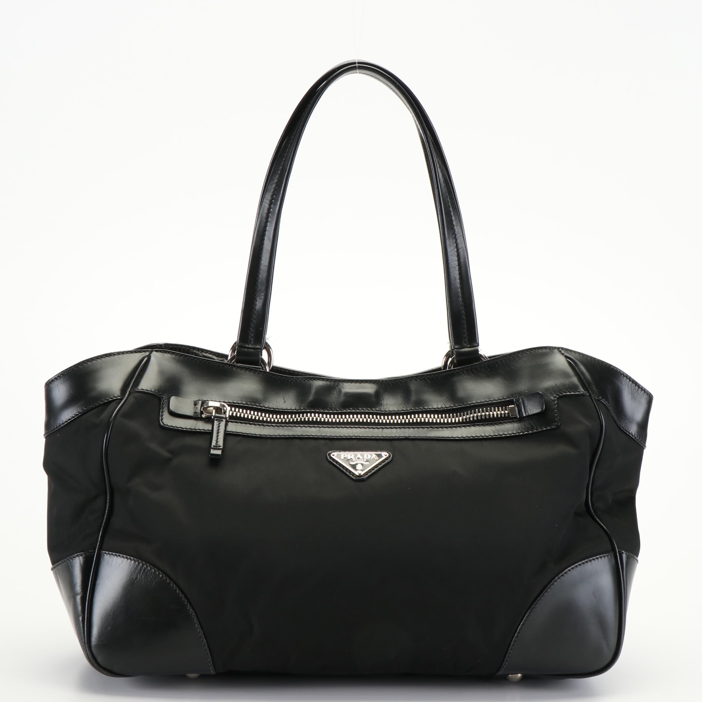 Prada Black Tessuto Vitello-Trimmed Shoulder Bag