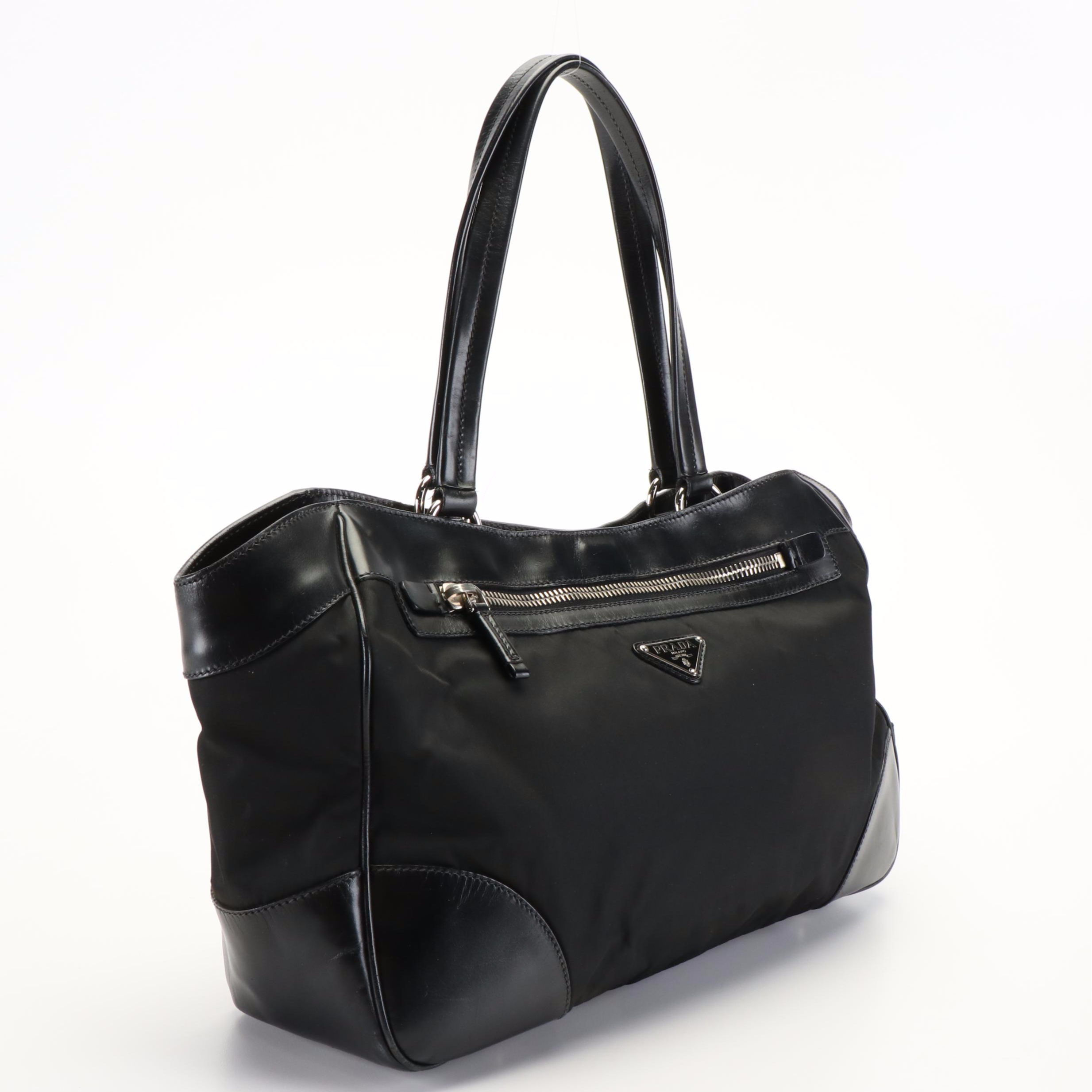 Prada Black Tessuto Vitello-Trimmed Shoulder Bag