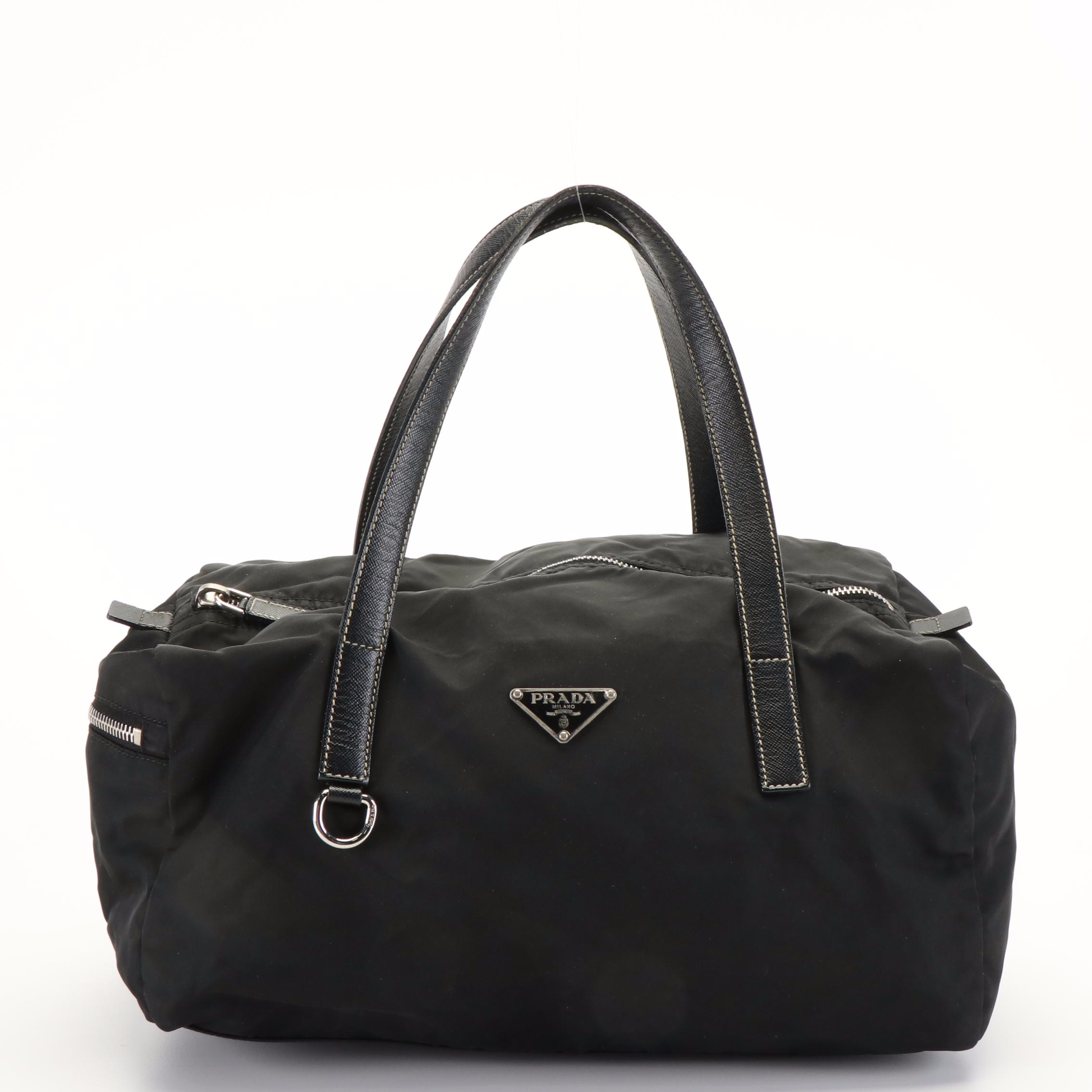 Prada Tessuto Black Nylon Saffino Leather  Mini Duffle Handbag