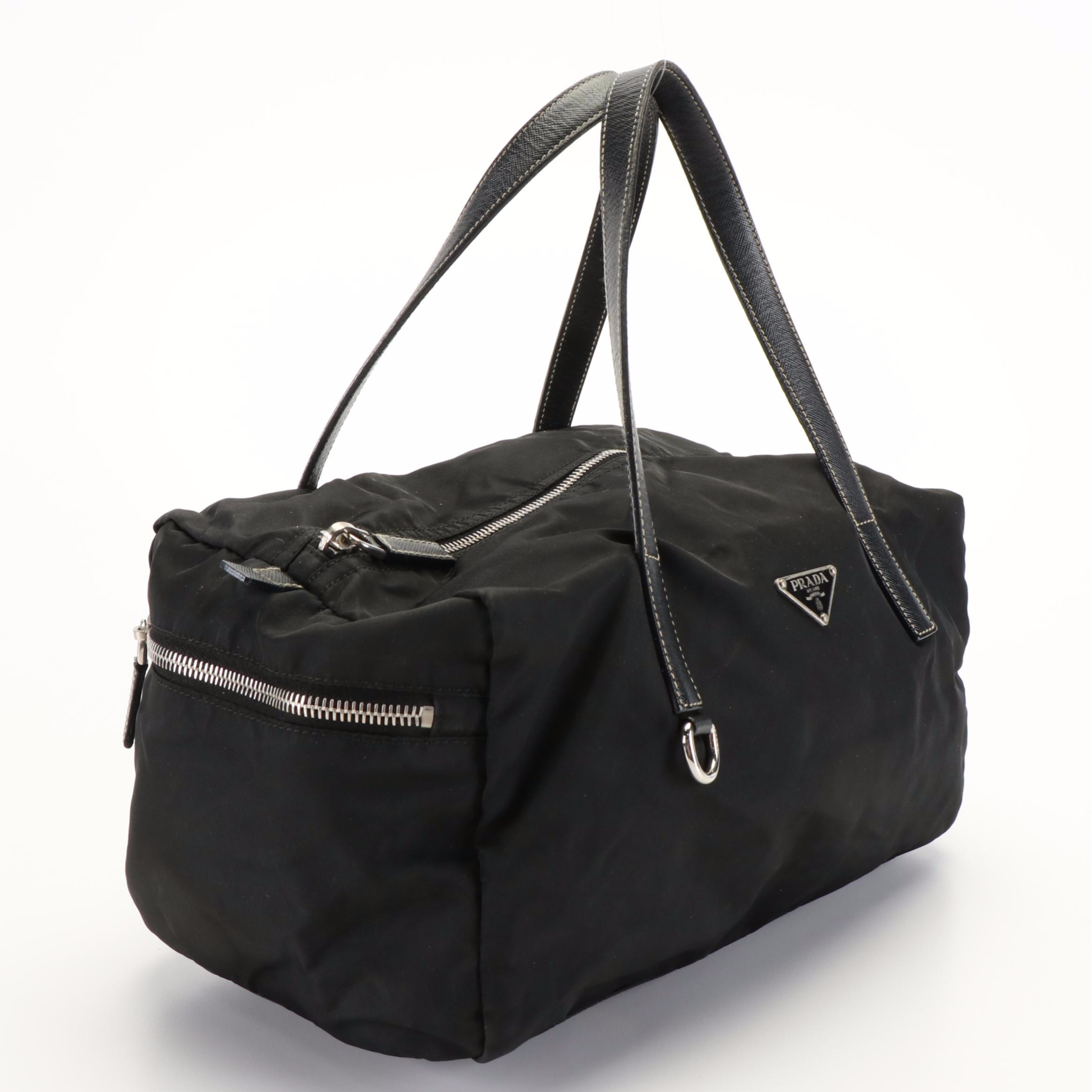 Prada Tessuto Black Nylon Saffino Leather  Mini Duffle Handbag