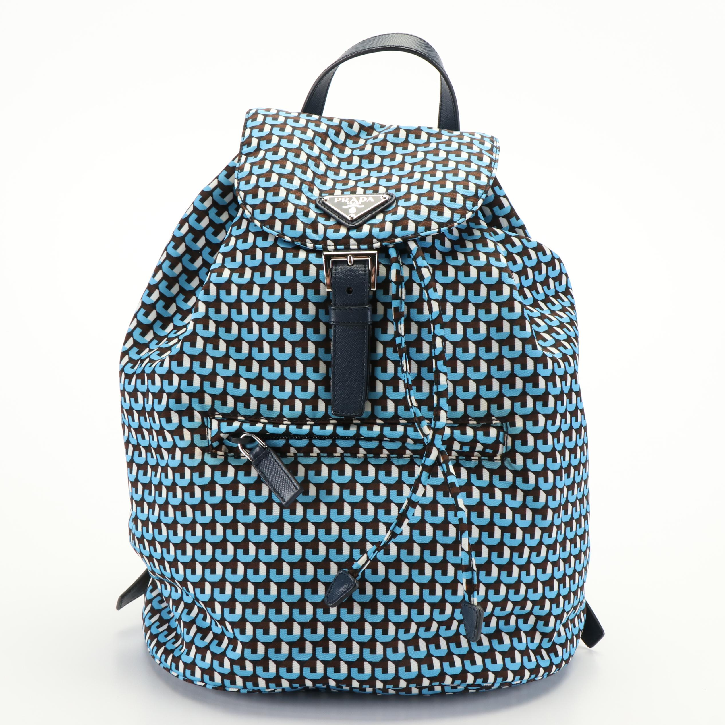 Prada  Geometric Print Tessuto Nylon Drawstring Front Zip Backpack
