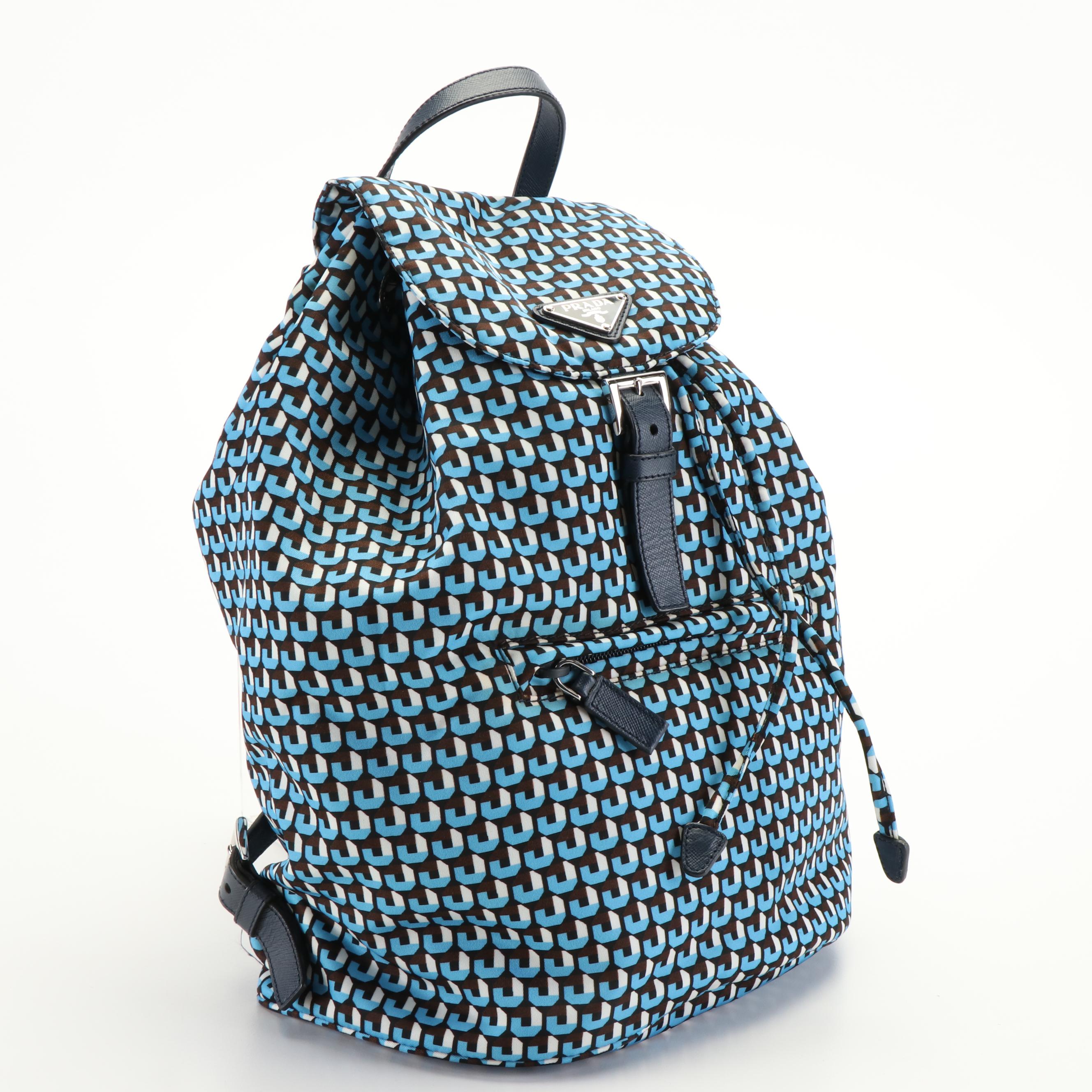 Prada  Geometric Print Tessuto Nylon Drawstring Front Zip Backpack