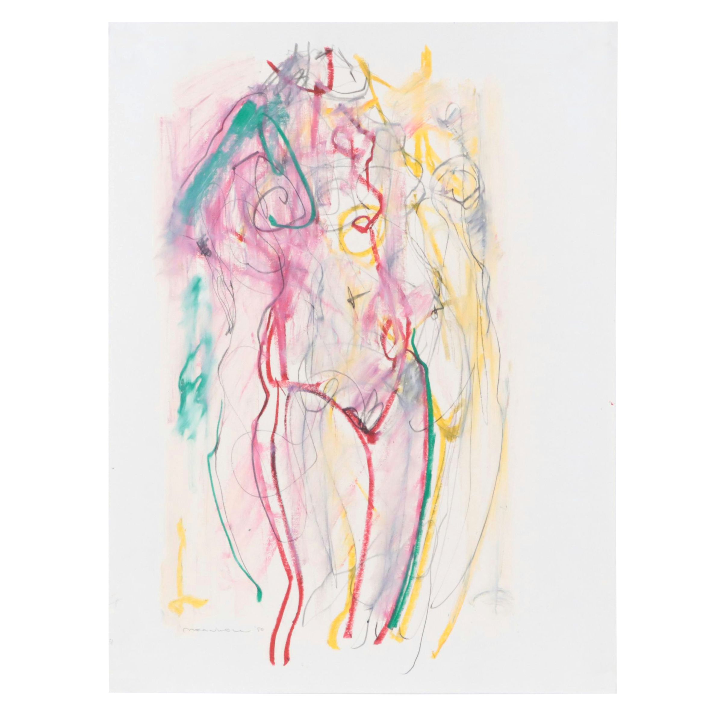 Jack Meanwell Figurative Oil Pastel Drawing, 1980