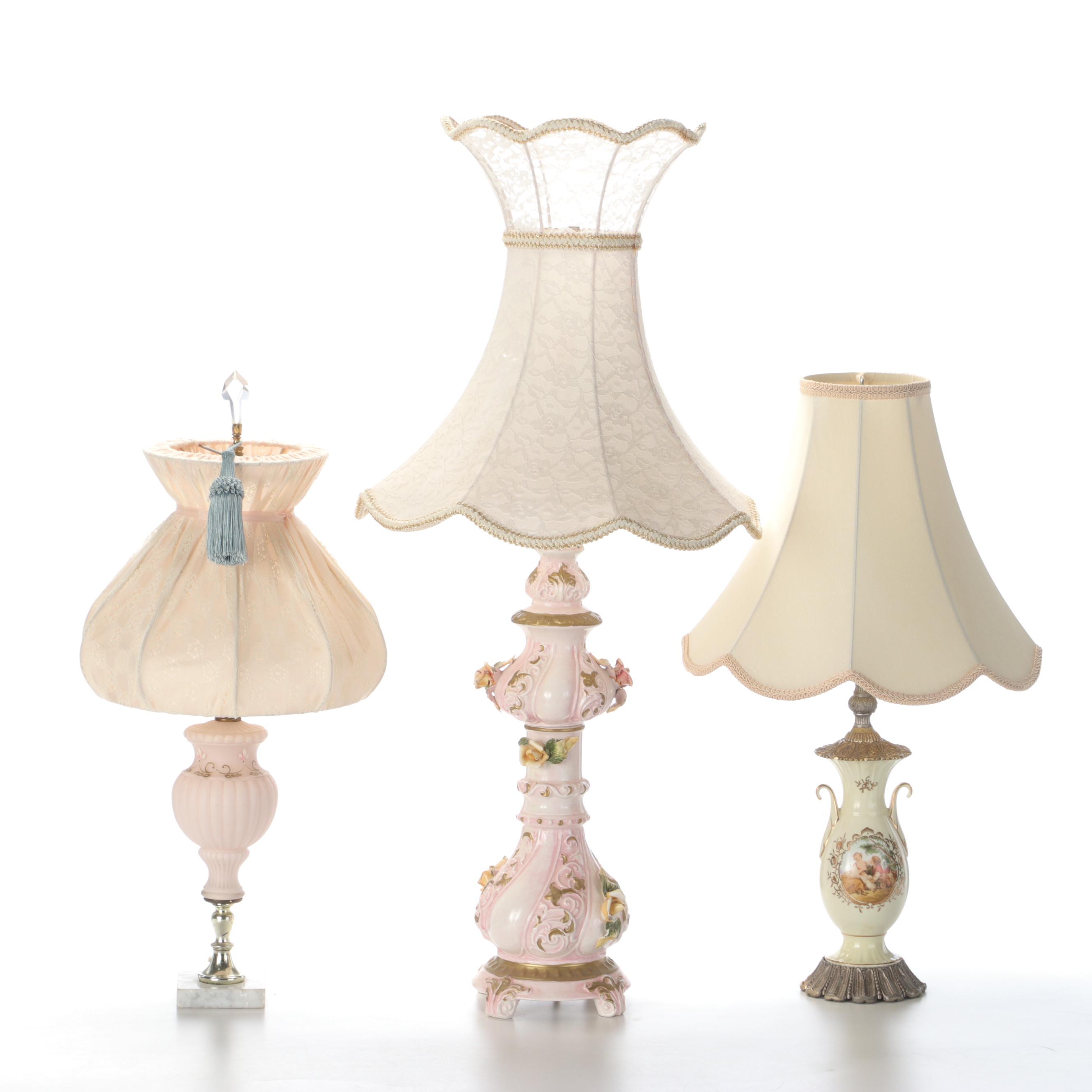 Pink Capodimonte With Satin Glass and Other Table Lamps, Mid to Late 20th C