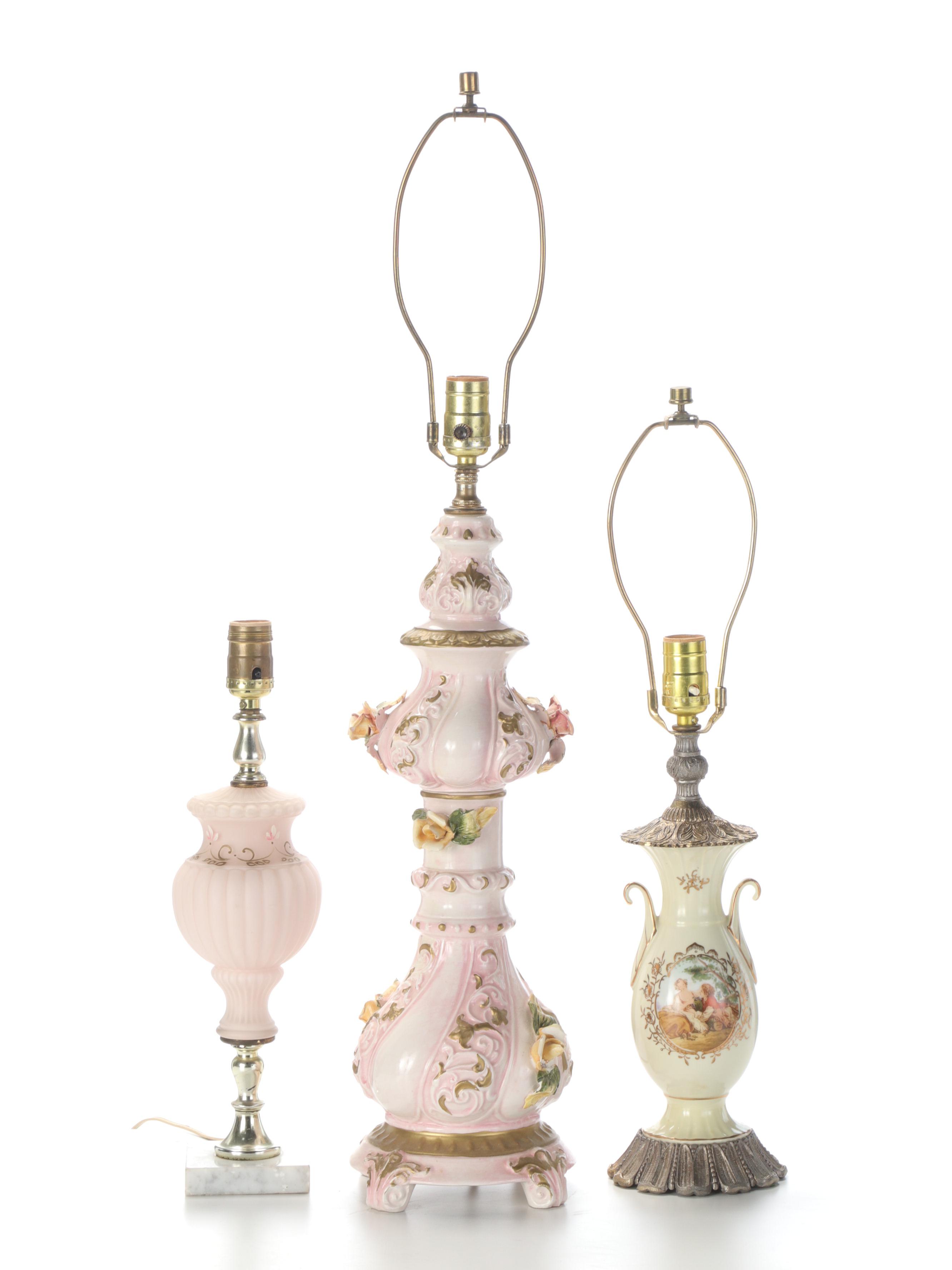 Pink Capodimonte With Satin Glass and Other Table Lamps, Mid to Late 20th C